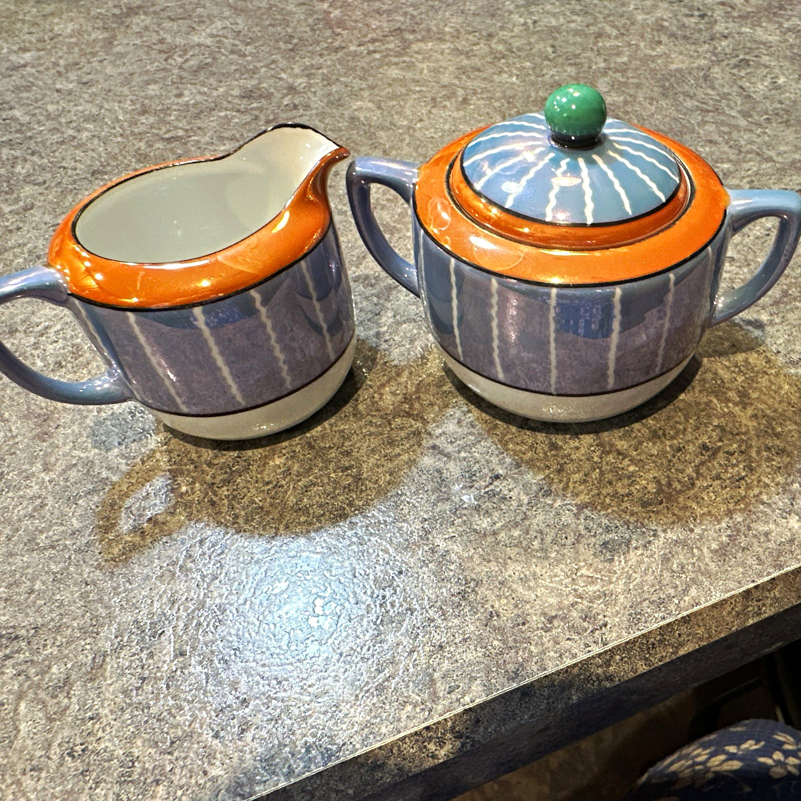 Vintage Noritake Porcelain Creamer & Sugar Set w/Lid, Striped, Blue Orange Green Vintage Noritake Porcelain Creamer & Sugar Set w/Lid, Striped, Blue Orange Green