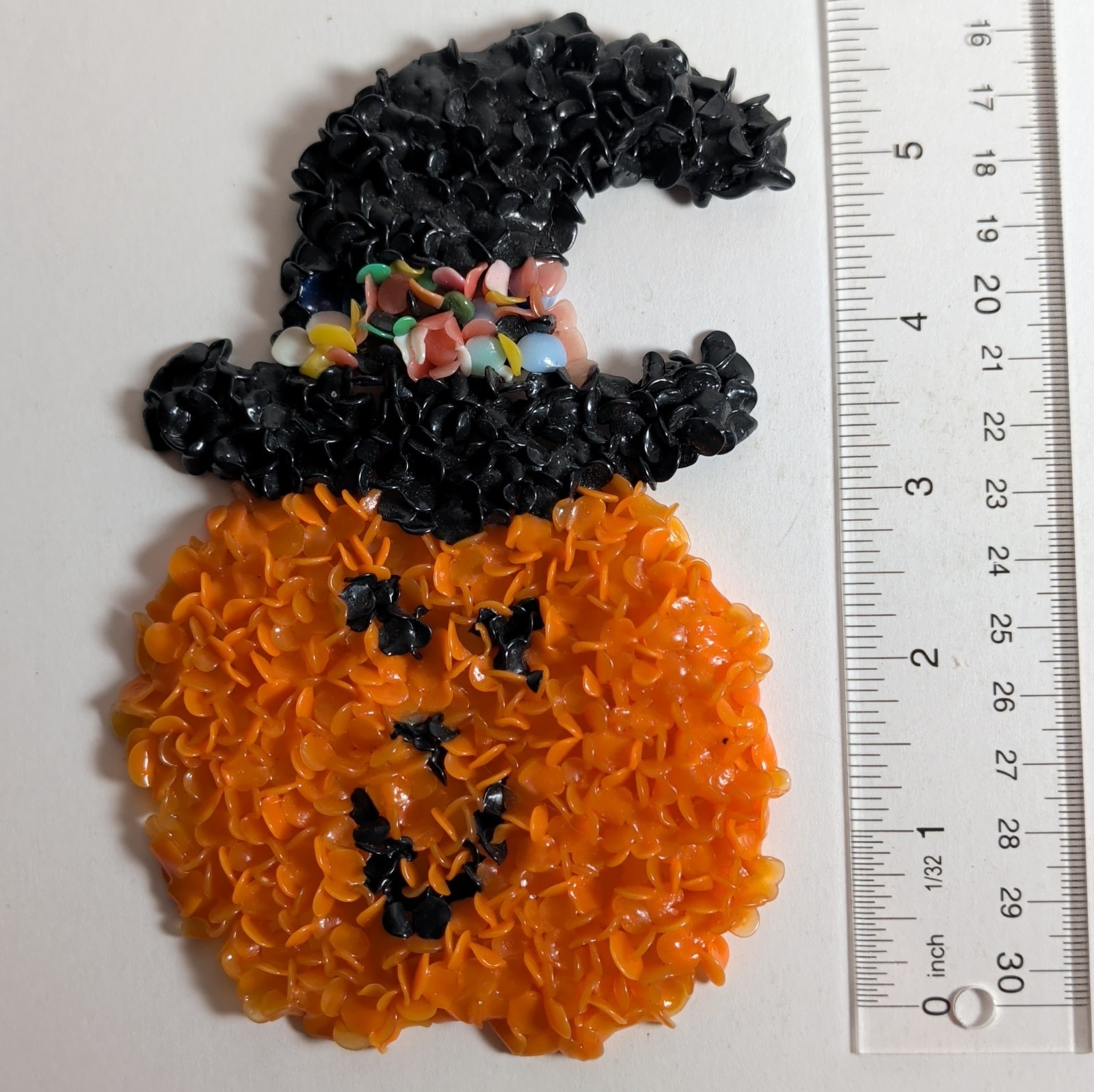 Rare Vtg Melted Plastic Pumpkin Jack O Lantern JOL Popcorn Halloween Decoration