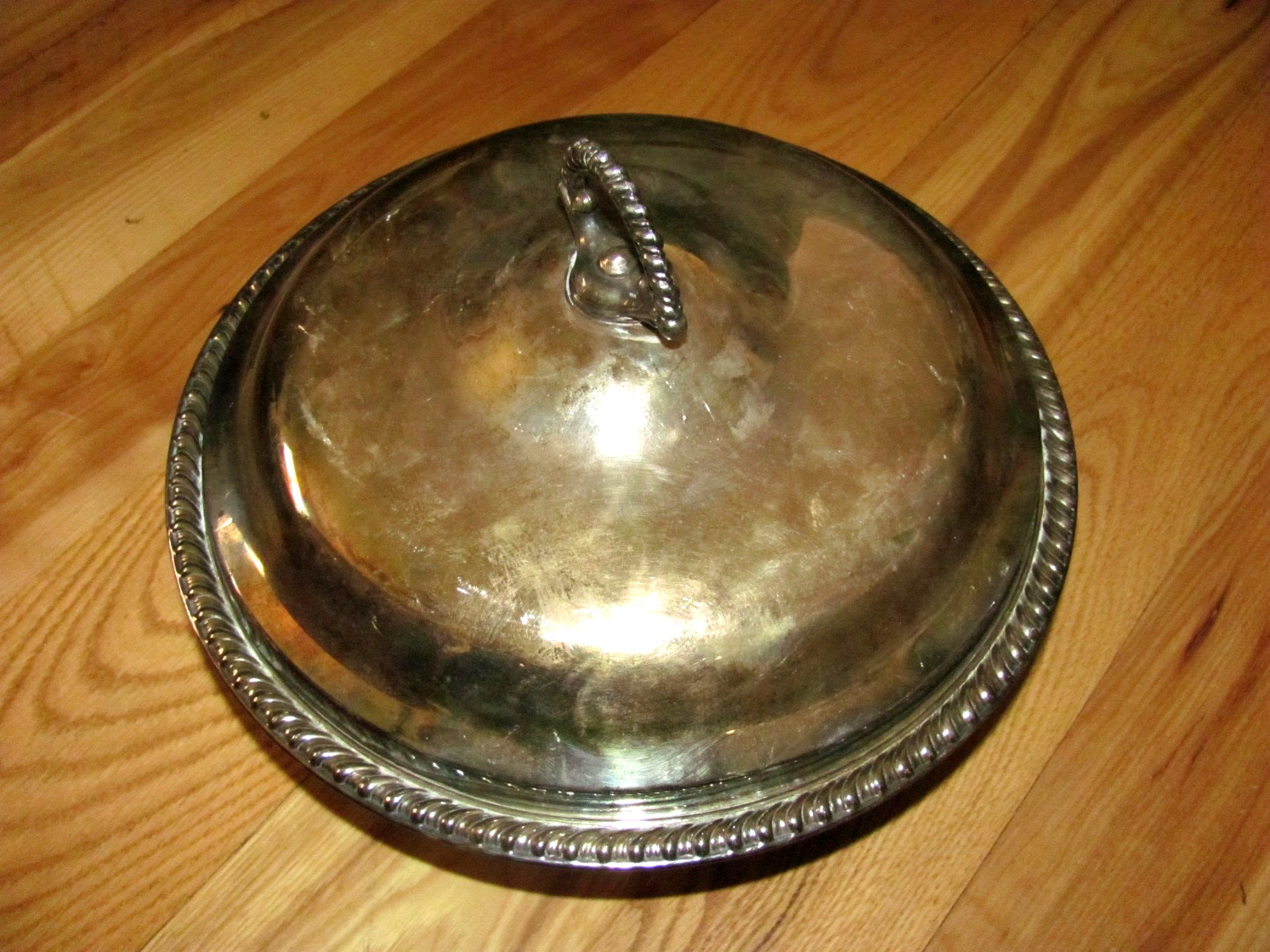 Vintage Silverplate Footed Covered Serving Bowl Rope Edge & Handle 10-1/4\