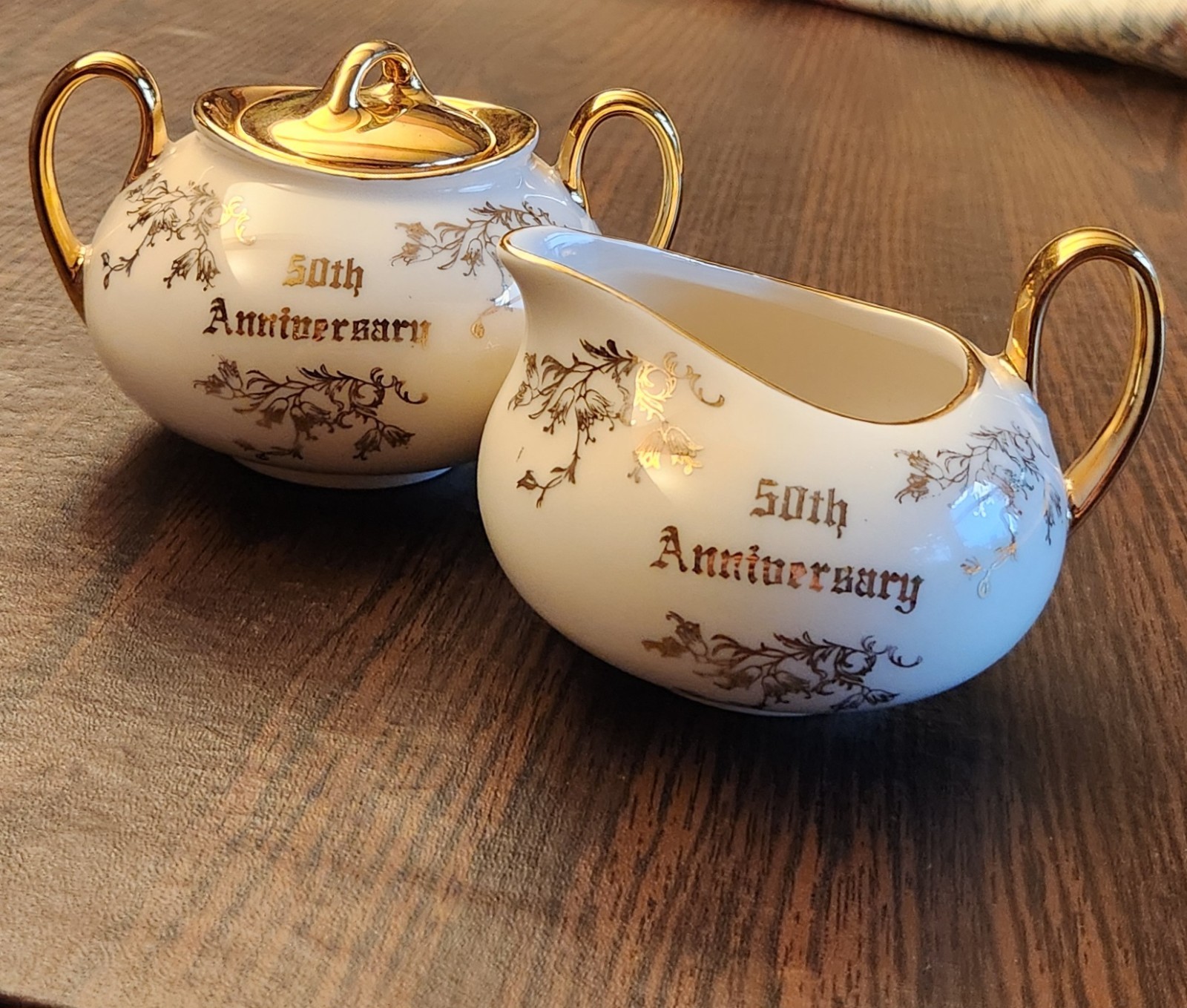 Antique Creamer & Sugar Pearl China Company 50th Anniversary 22k Gold Trim Rare