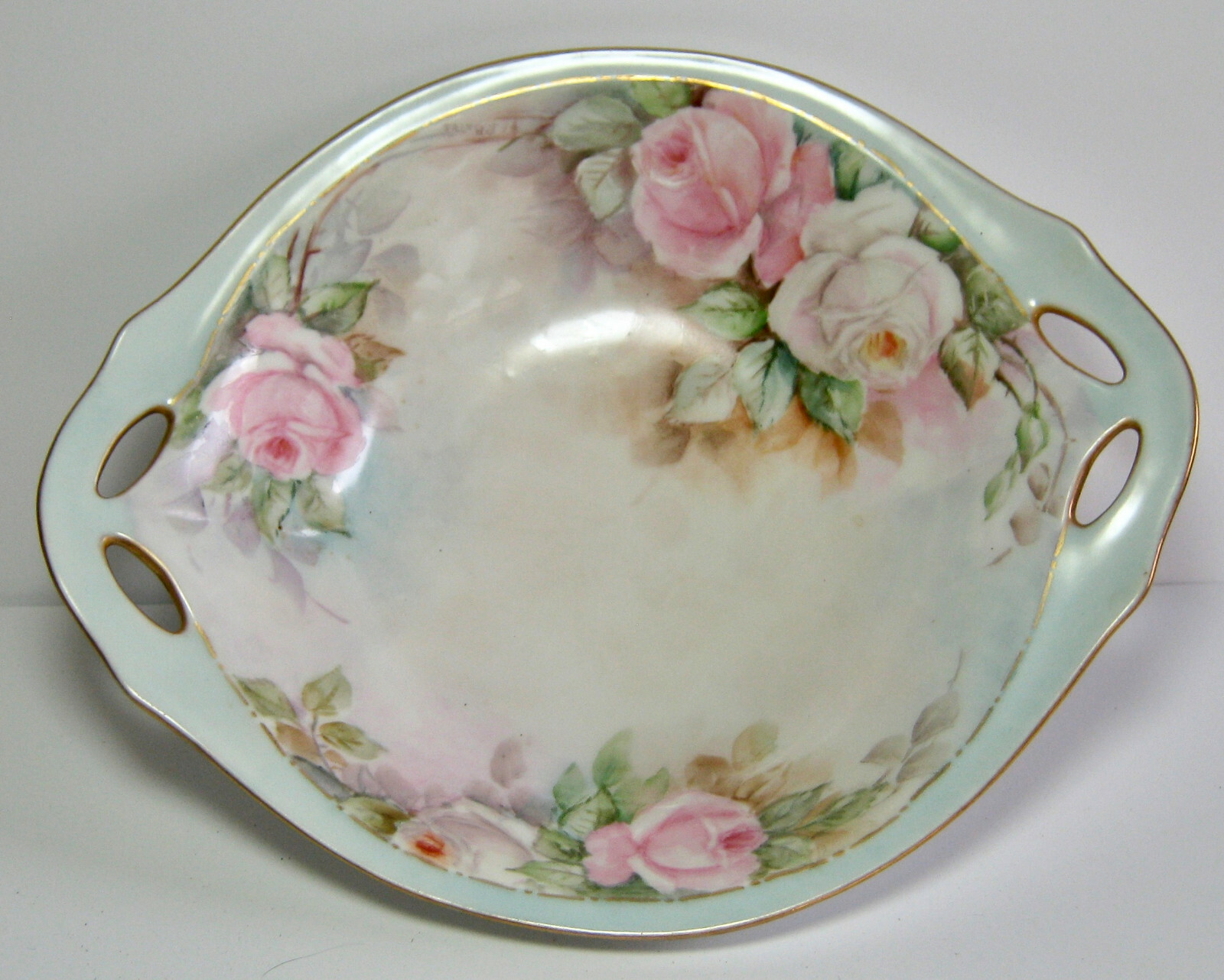Small Bowl, Handpainted Pink  Roses, Slotted Handles, Porcelain, Gold Trim