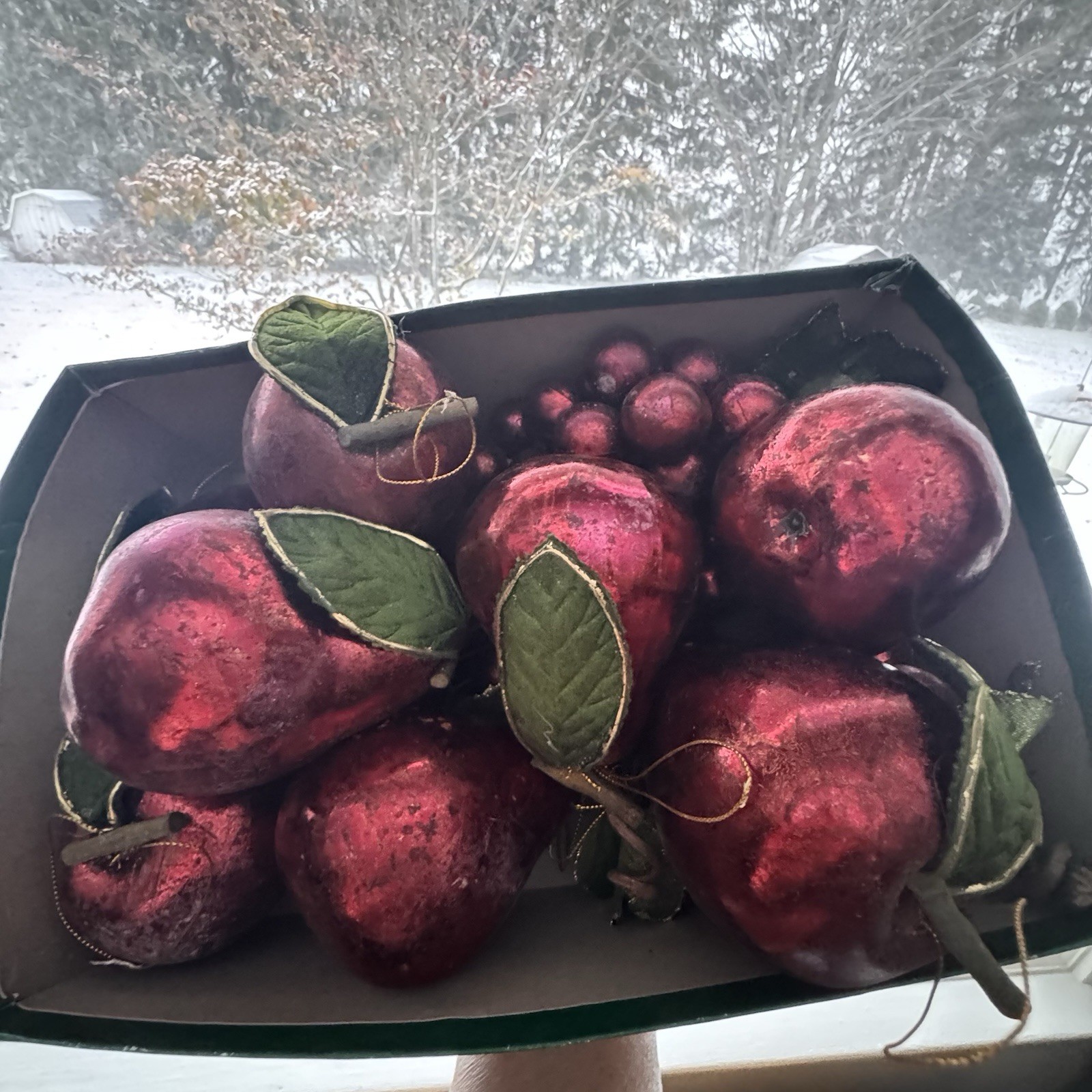 VTG Burgundy Fruit Ornaments Distressed W/Leaves Twigs Gold Trims Christmas X12