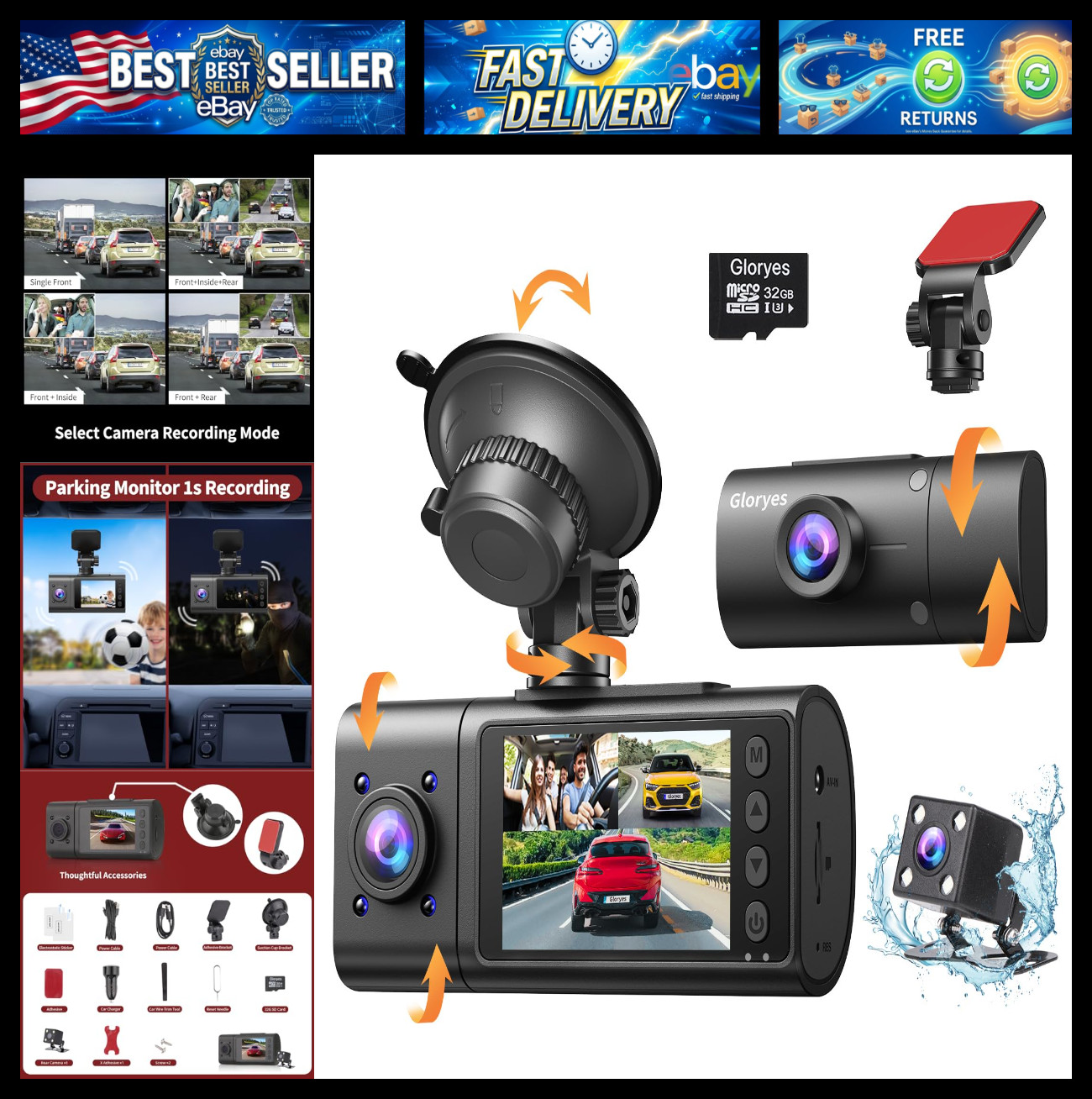 Dash Cam, 3 Channel Dash Cam Front and Rear Inside, Interior Car Camera, 2.5K/14