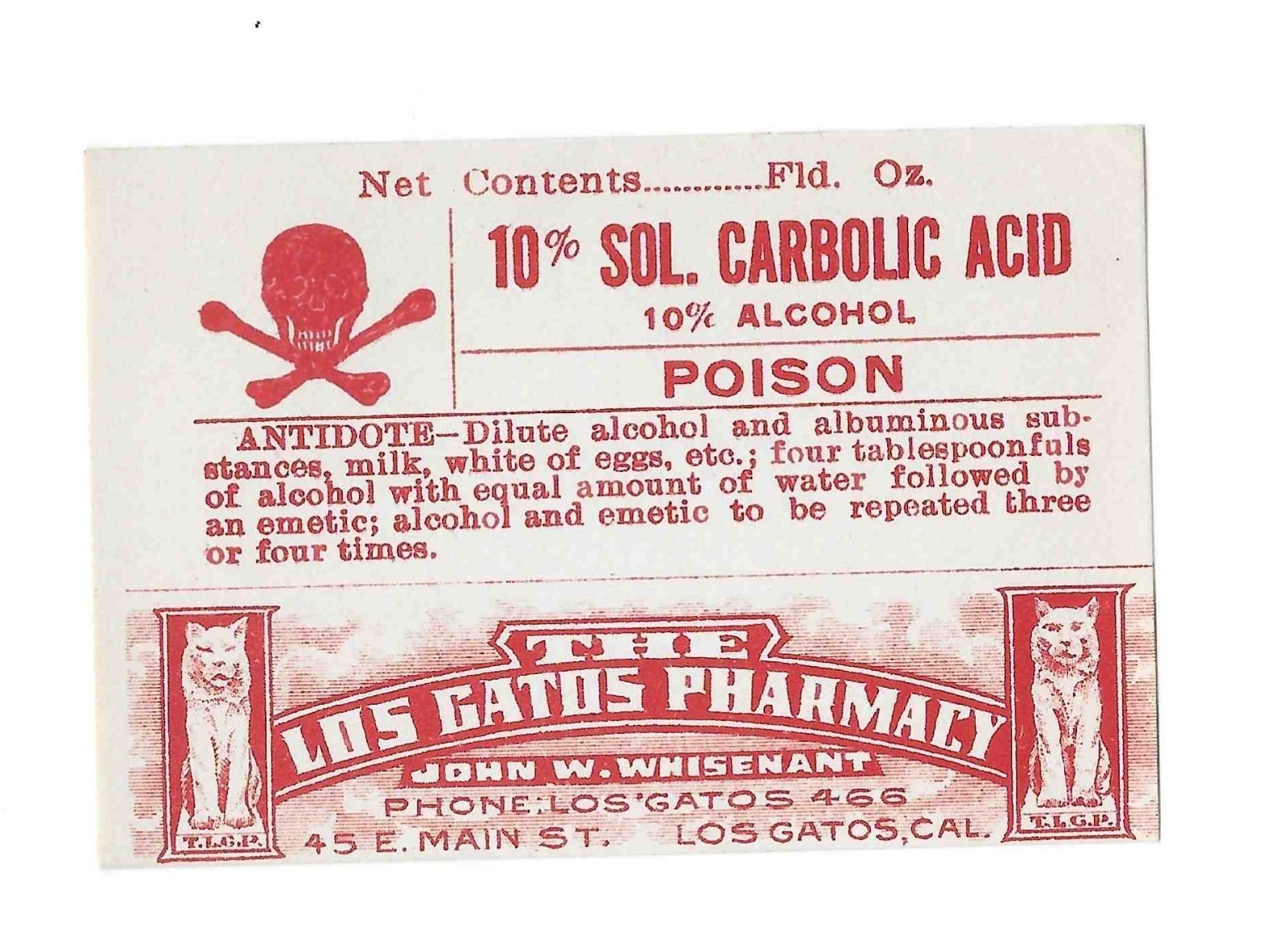 Vintage Sol. Carbonic Acid Poison BottLe Label Los Gatos Pharmacy Los Gatos, Ca