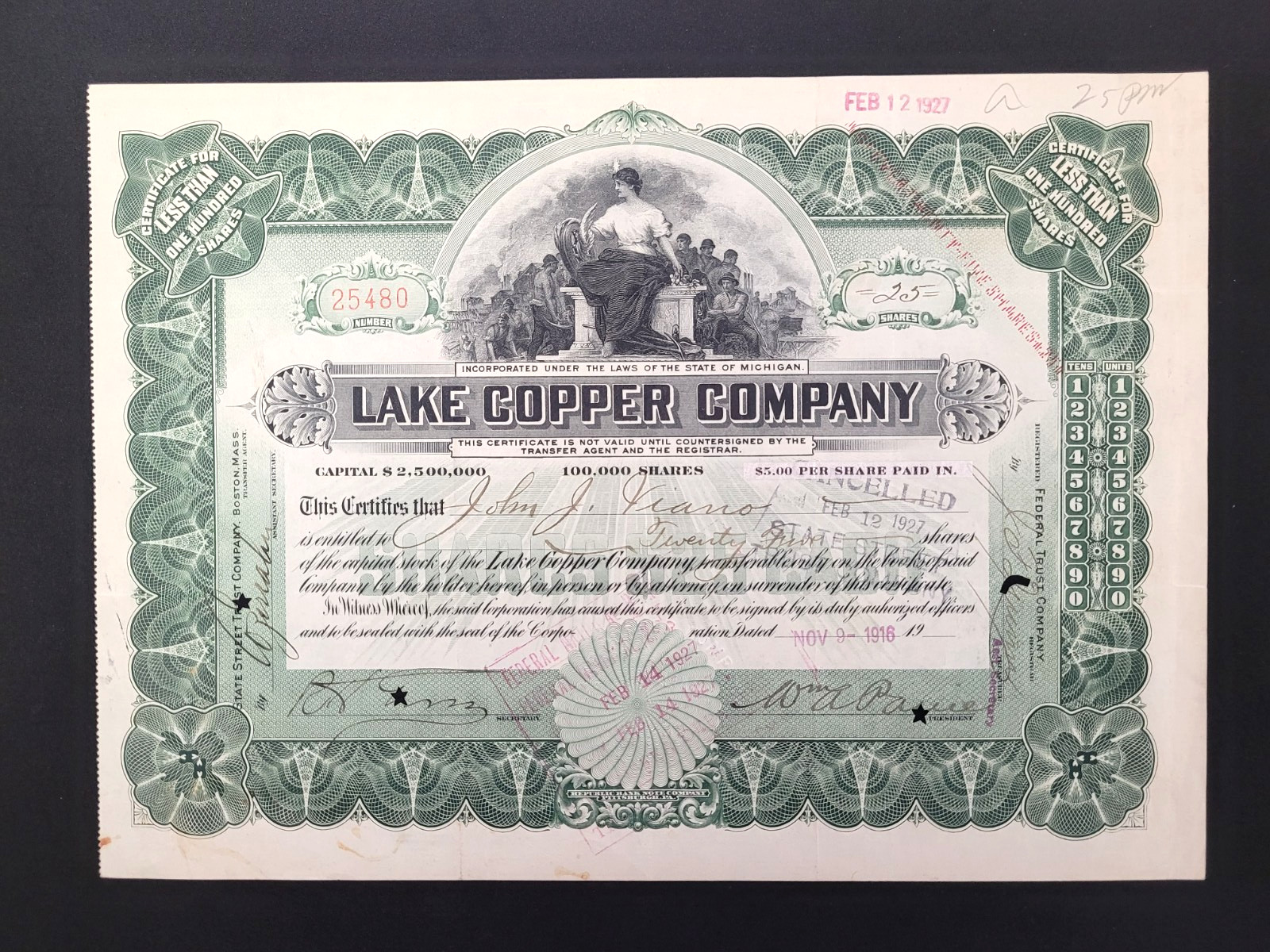 1916 William Albert Paine Signed Lake Copper Company Stock Certificate