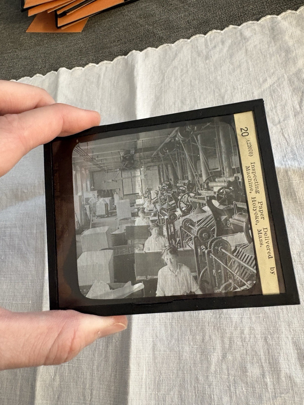 Magic Lantern GLASS Ephemera Inspecting Paper Delivered Machine, Holyoke, Mass.
