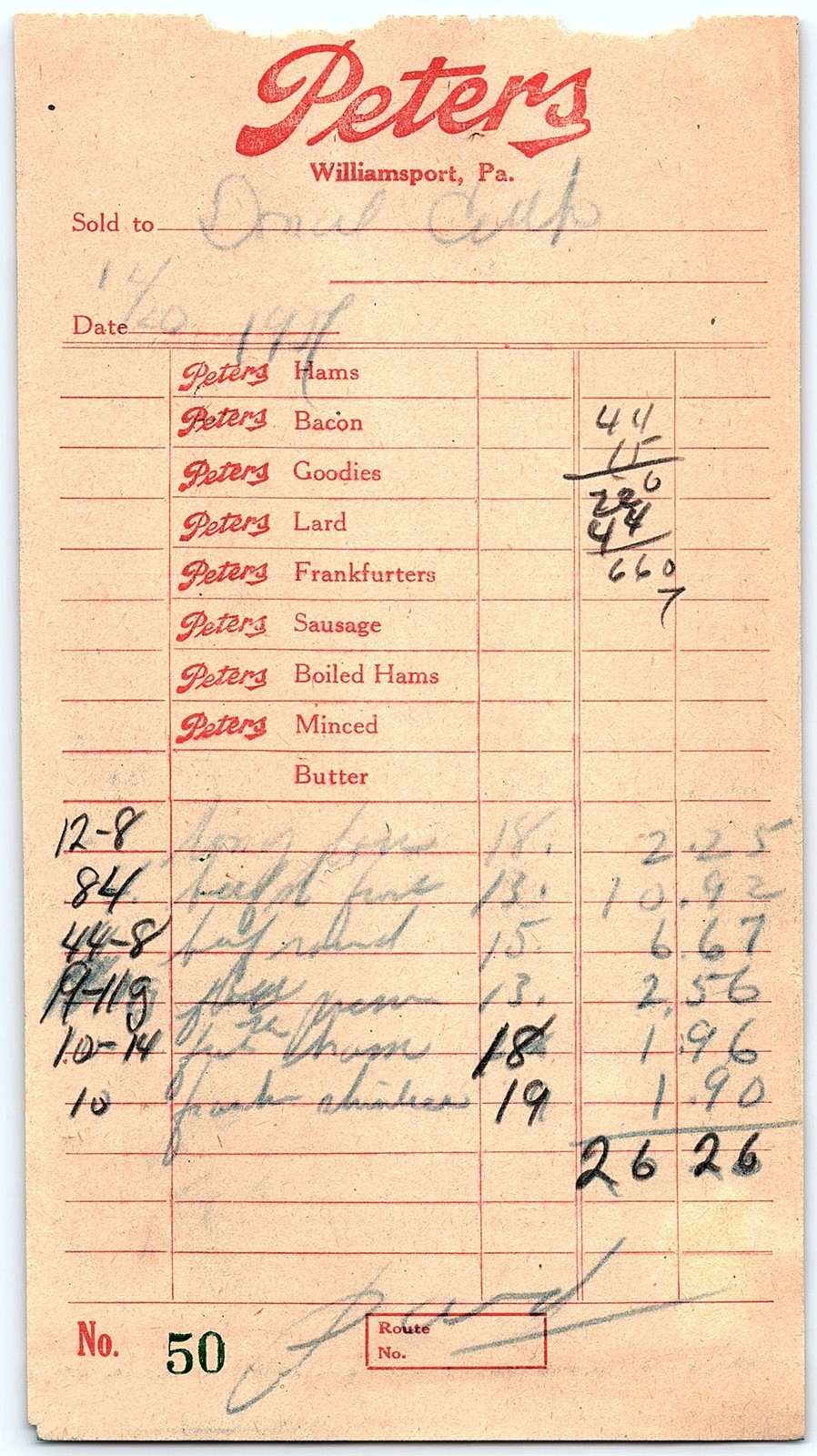 1944 Peters Williamsport PA Grocery Billhead w/ Butter Ad