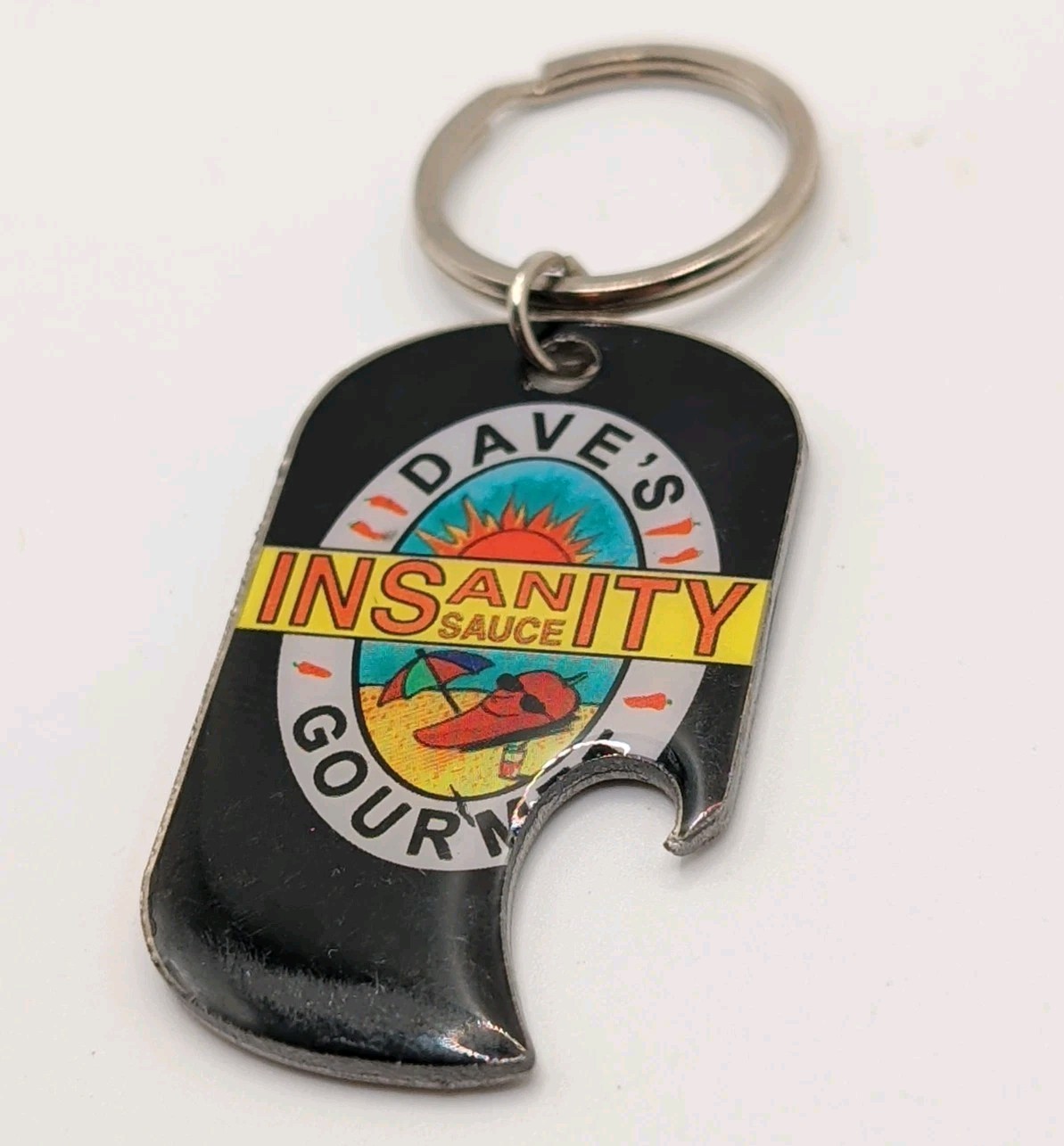 DAVE'S GOURMET INSANITY SAUCE HALL OF FLAME Bottle Opener Keychain Key Ring DAVE'S GOURMET INSANITY SAUCE HALL OF FLAME Bottle Opener Keychain Key Ring
