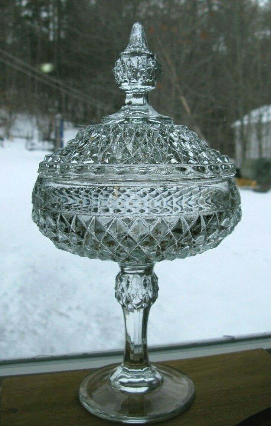 Antique Diamond Point Clear Glass Compote Covered Footed Lid Pedestal EAPG