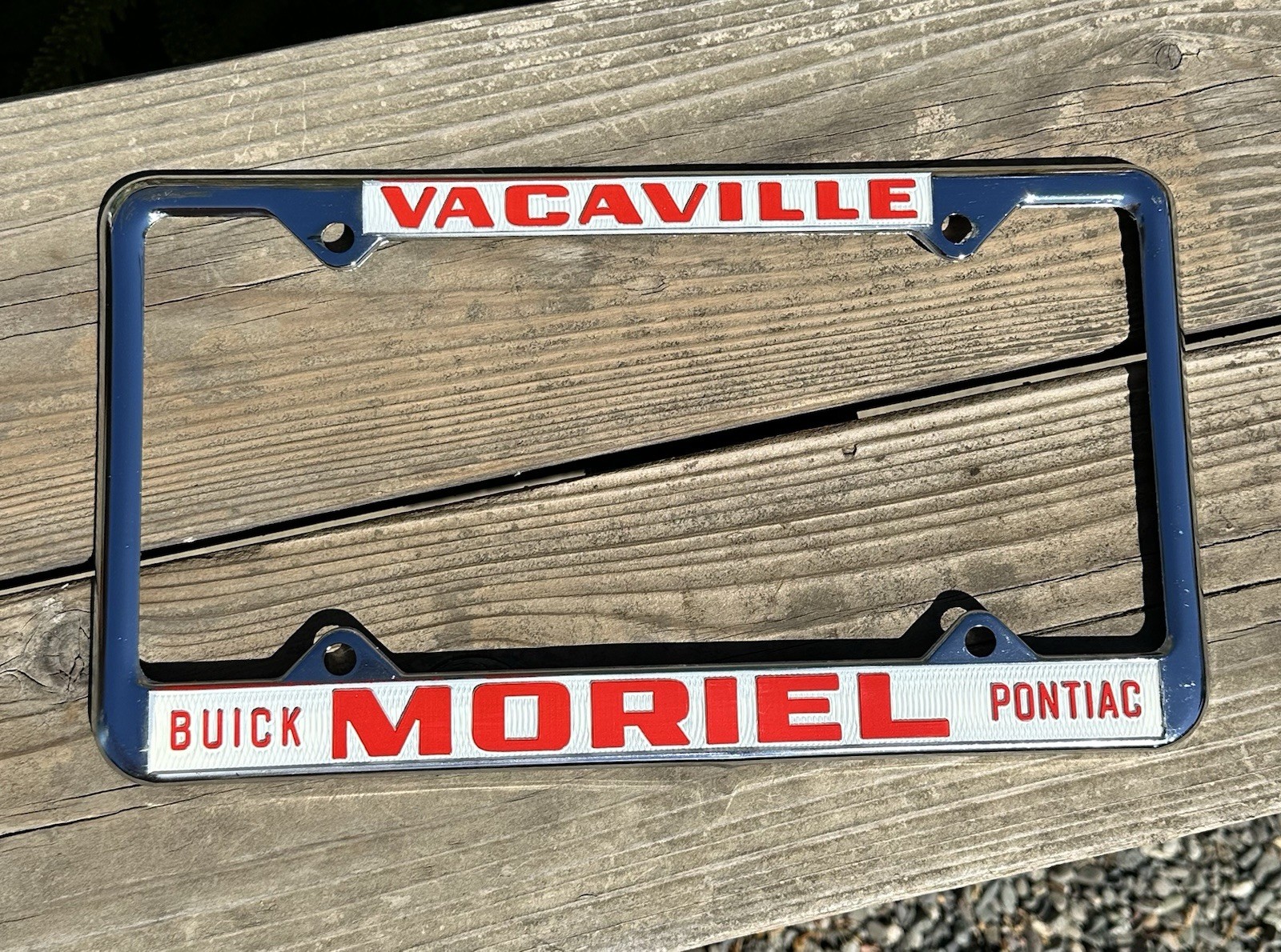 John Moriel Buick Pontiac New Old Stock Dealer License Plate Frame Vacaville CA John Moriel Buick Pontiac New Old Stock Dealer License Plate Frame Vacaville CA