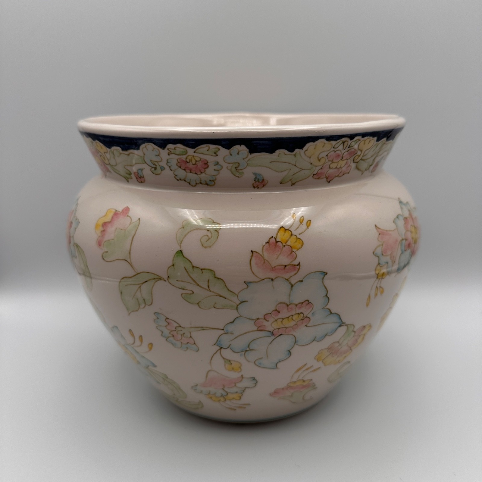 Vintage Portugal Hand Painted Signed Ceramic Cachepot Floral Chinoiserie Planter