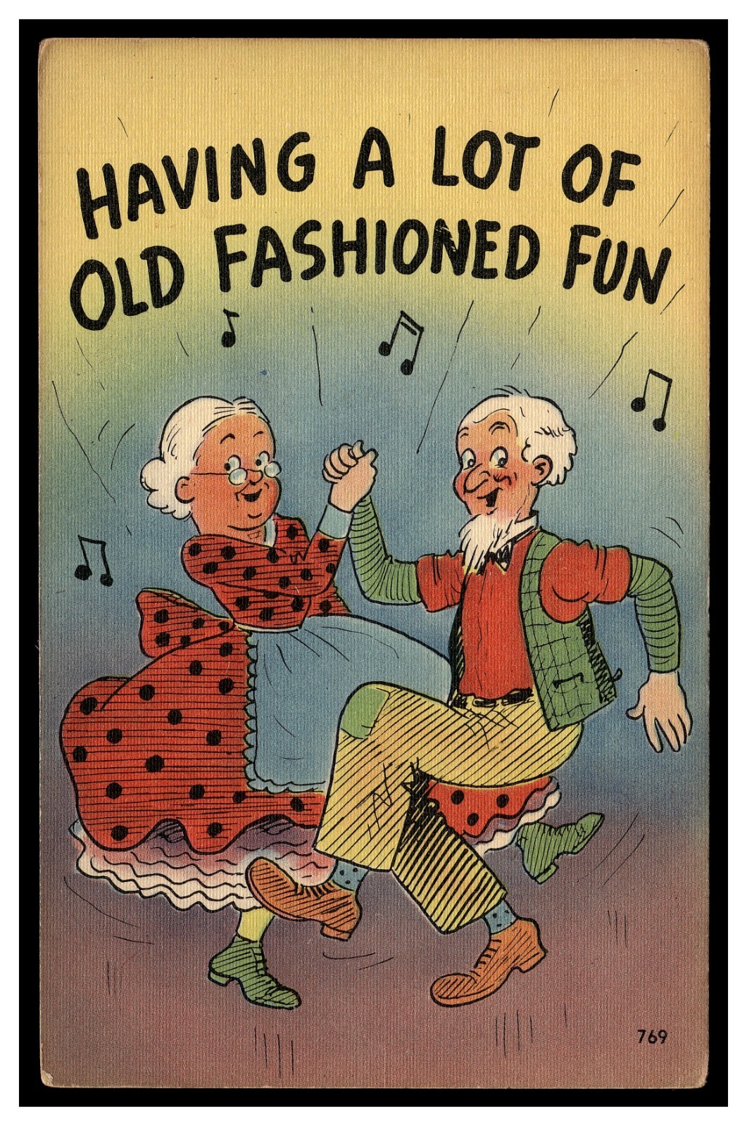 HAVING ALOT OF OLD FASHIONED FUN VINTAGE POSTCARD UNUSED GRANNY GRAMPA DANCING