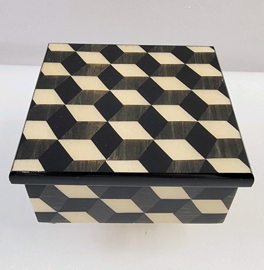 Biagio Barile For Neiman Marcus Black & White Geometric Wood Inlay Trinket Box