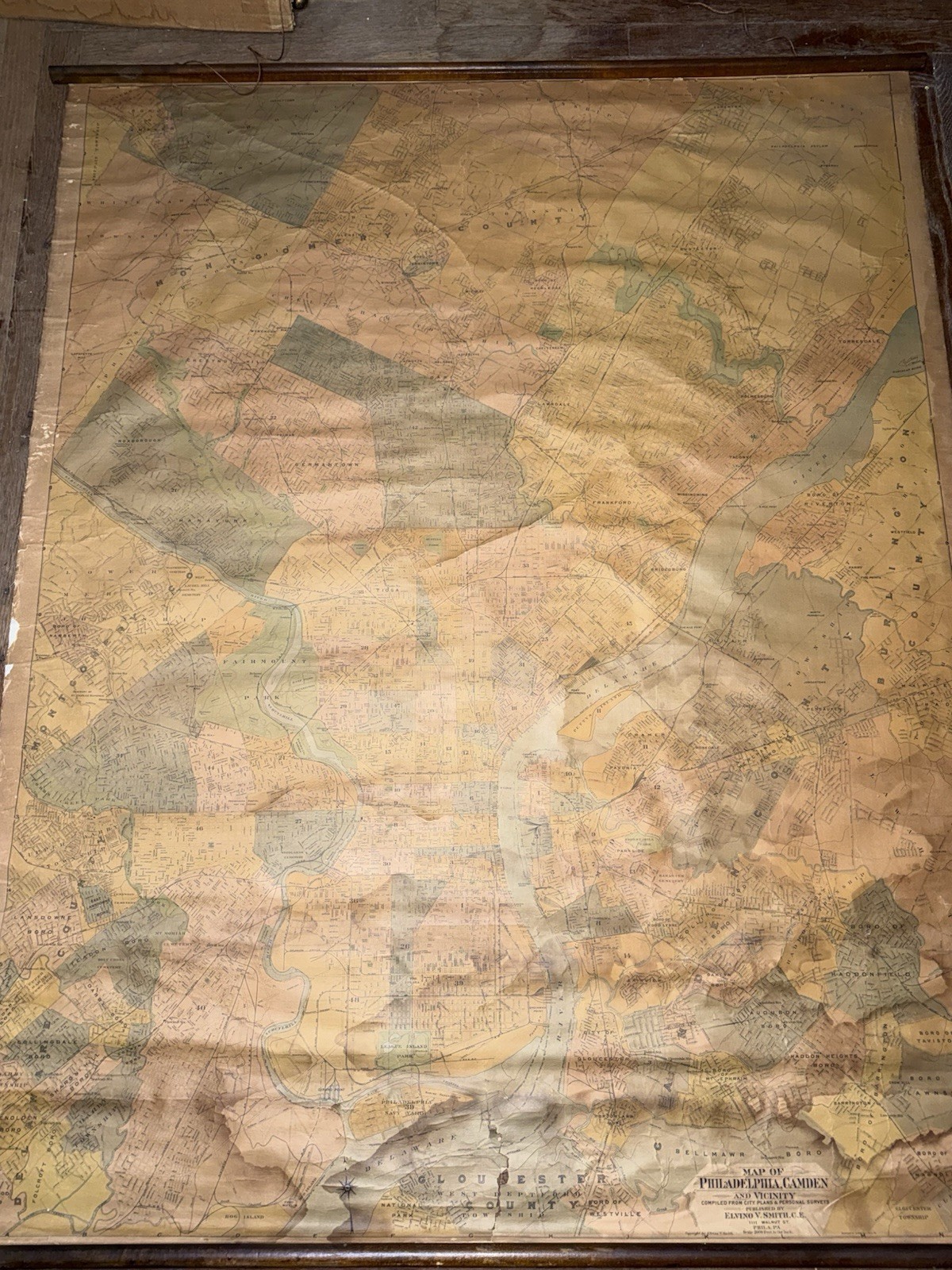 Antique Scarce Turn Of The Century Philadelphia Wall Map  Elvino V. Smith 1900s