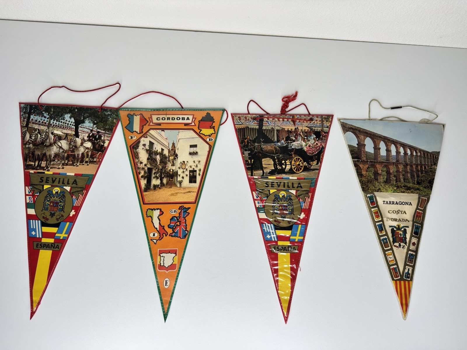 Vintage Travel Pennant Flags Spain Set of 4 Sevilla Cordoba Tarragona