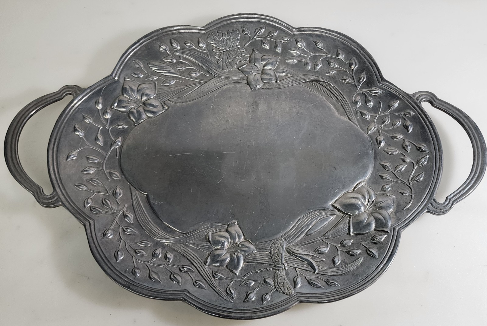 Large Vintage Lenox Metal Pewter Double Handled Serving Tray / Platter Butterfly Large Vintage Lenox Metal Pewter Double Handled Serving Tray / Platter Butterfly