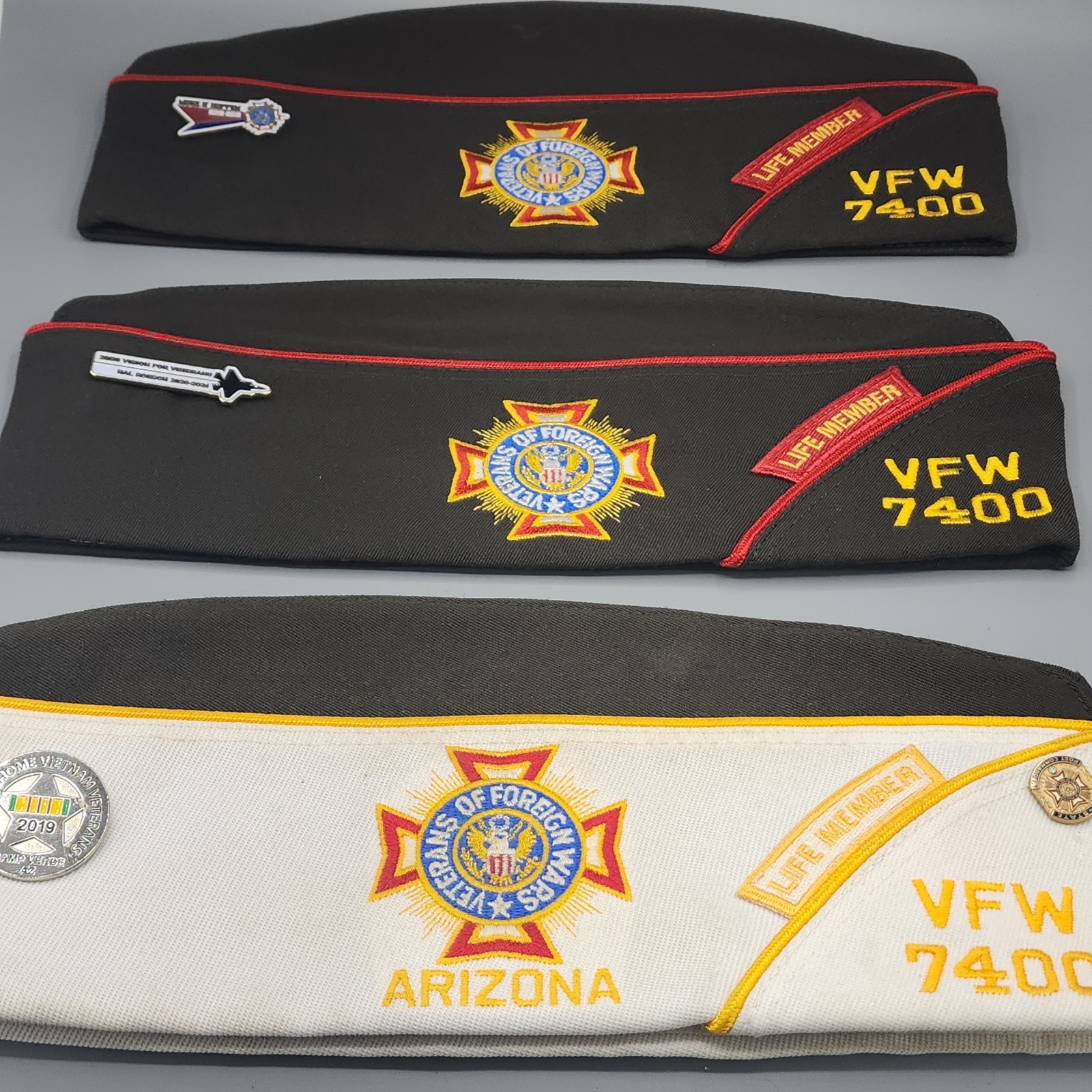 American Legion Garrison Caps Set of 3 with Pins Life Members, Includes Pouches