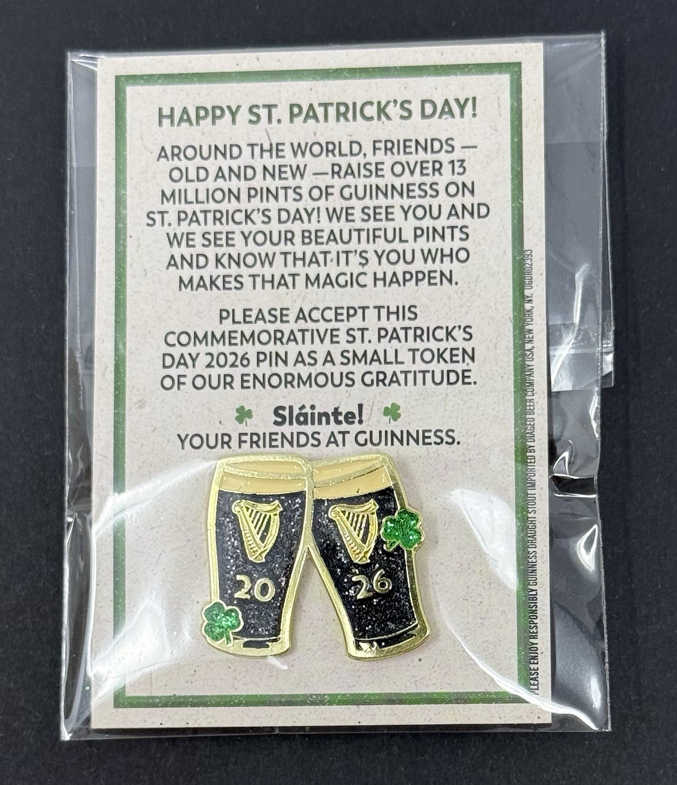 2026 Guinness Happy St. Patrick's Day Pin - New 2026 Guinness Happy St. Patrick's Day Pin - New