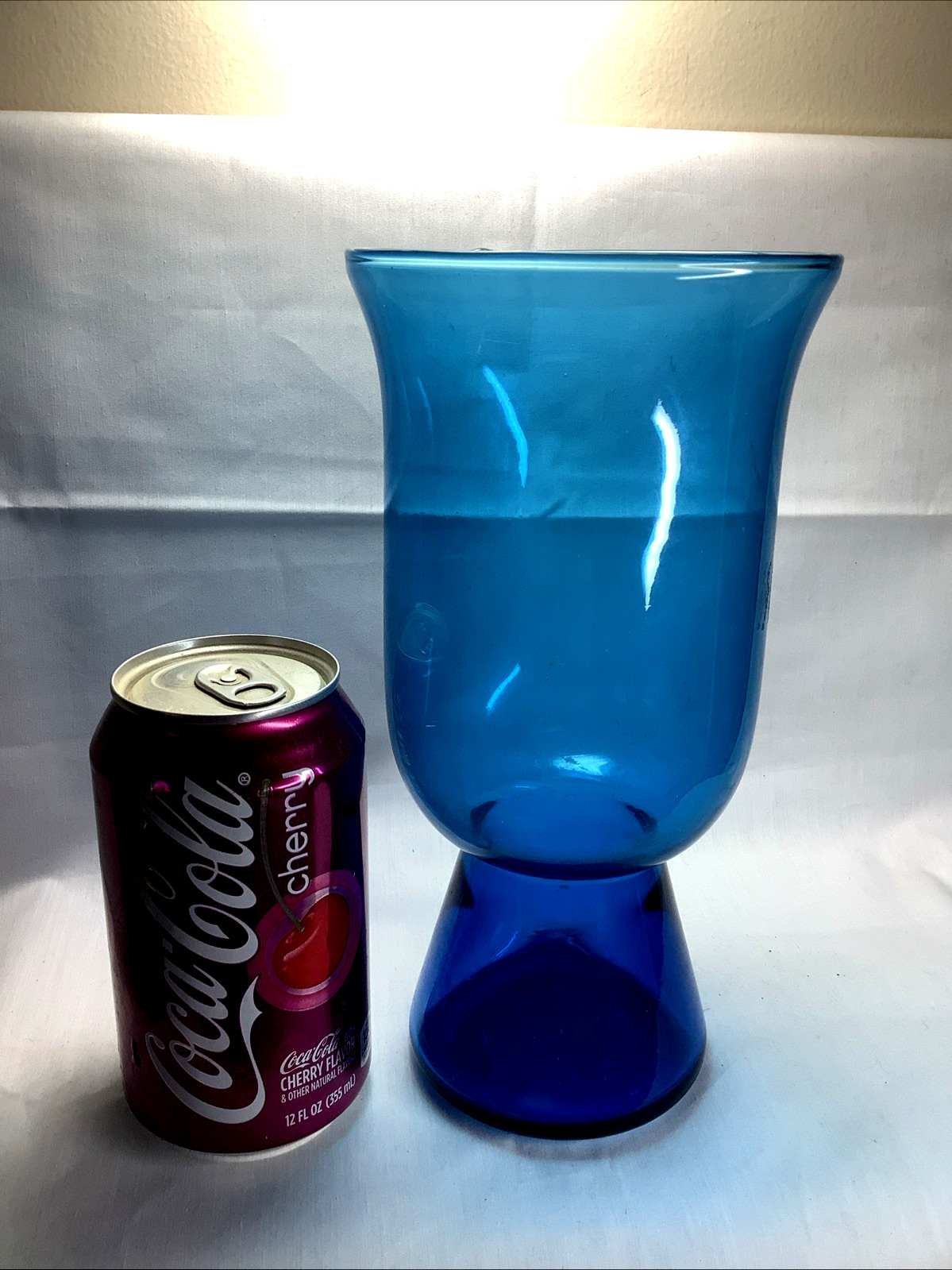 RARE 1960 MCM Old Morgantown Glass Peacock Blue Turquoise Hurricane Votive   369