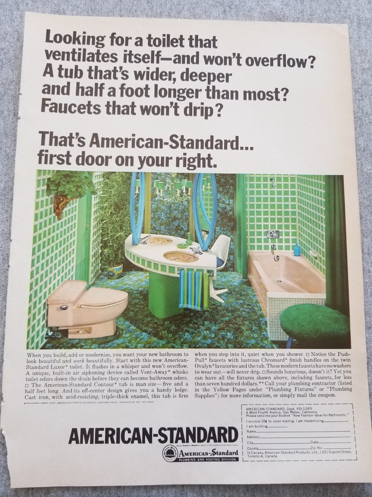 1965 American Standard Bathroom Vtg Print Ad Green Tile Booklet Offer