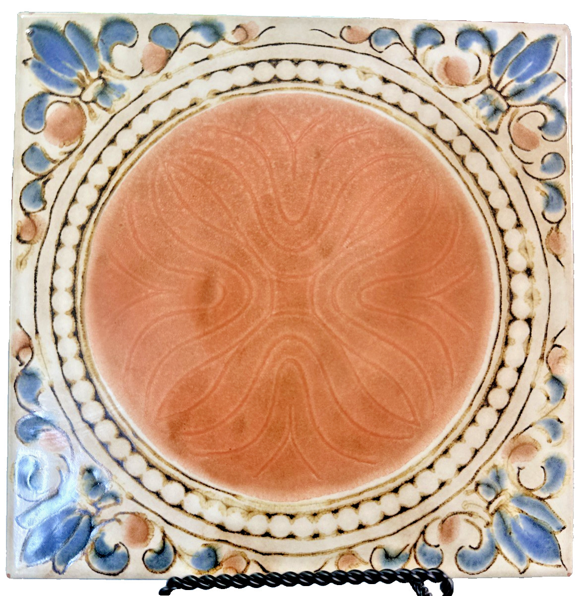 Vtg 1970s CISA Sassuolo Italian Tile Trivet Burnt Orange Blue Medallion Cork 8\