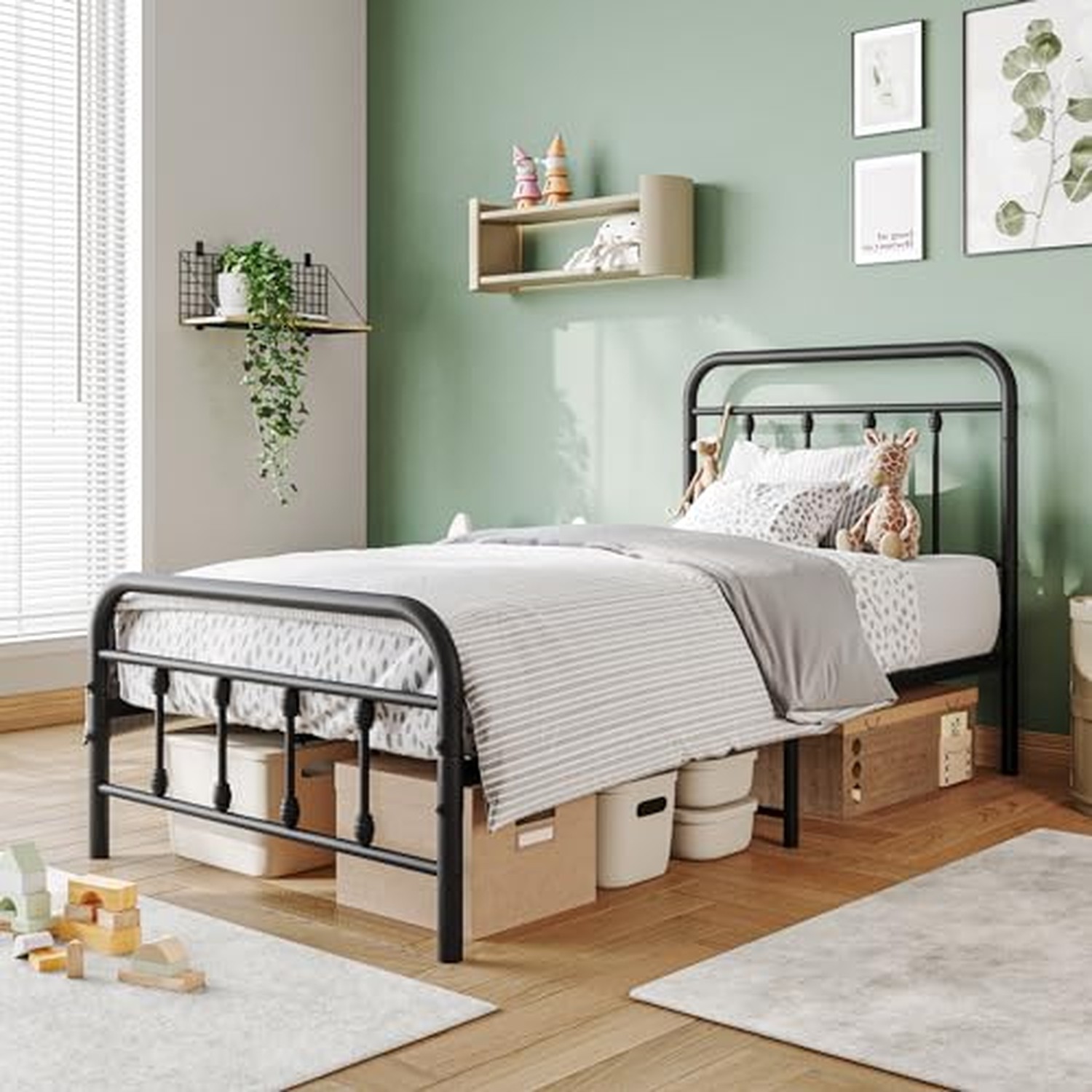 Twin Size Bed Frame with Headboard and Footboard Vintage Metal Black Twin