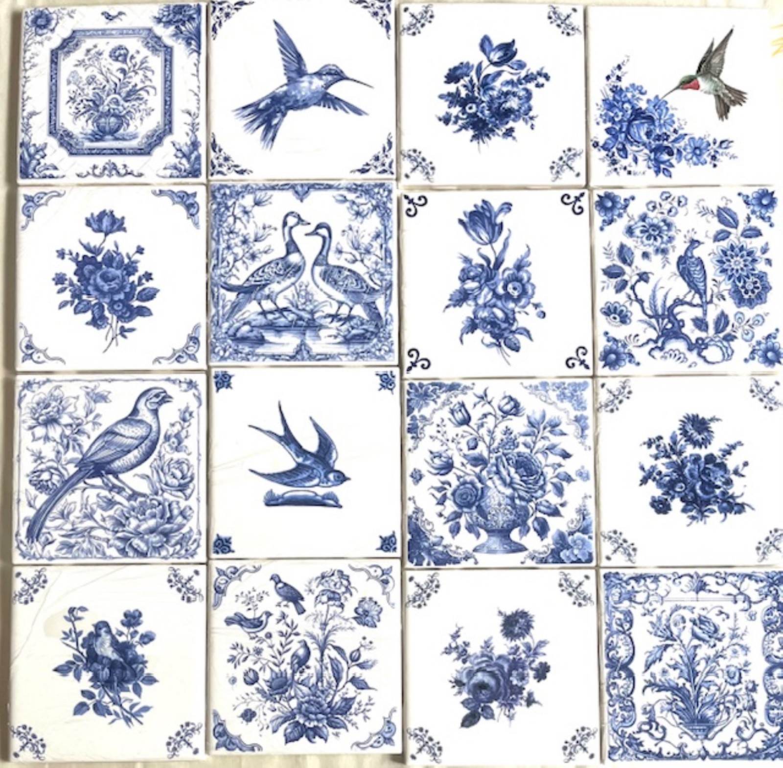 Blue Delft Design Floral Flower Bouquets and Birds 16  Kiln Fired4.25