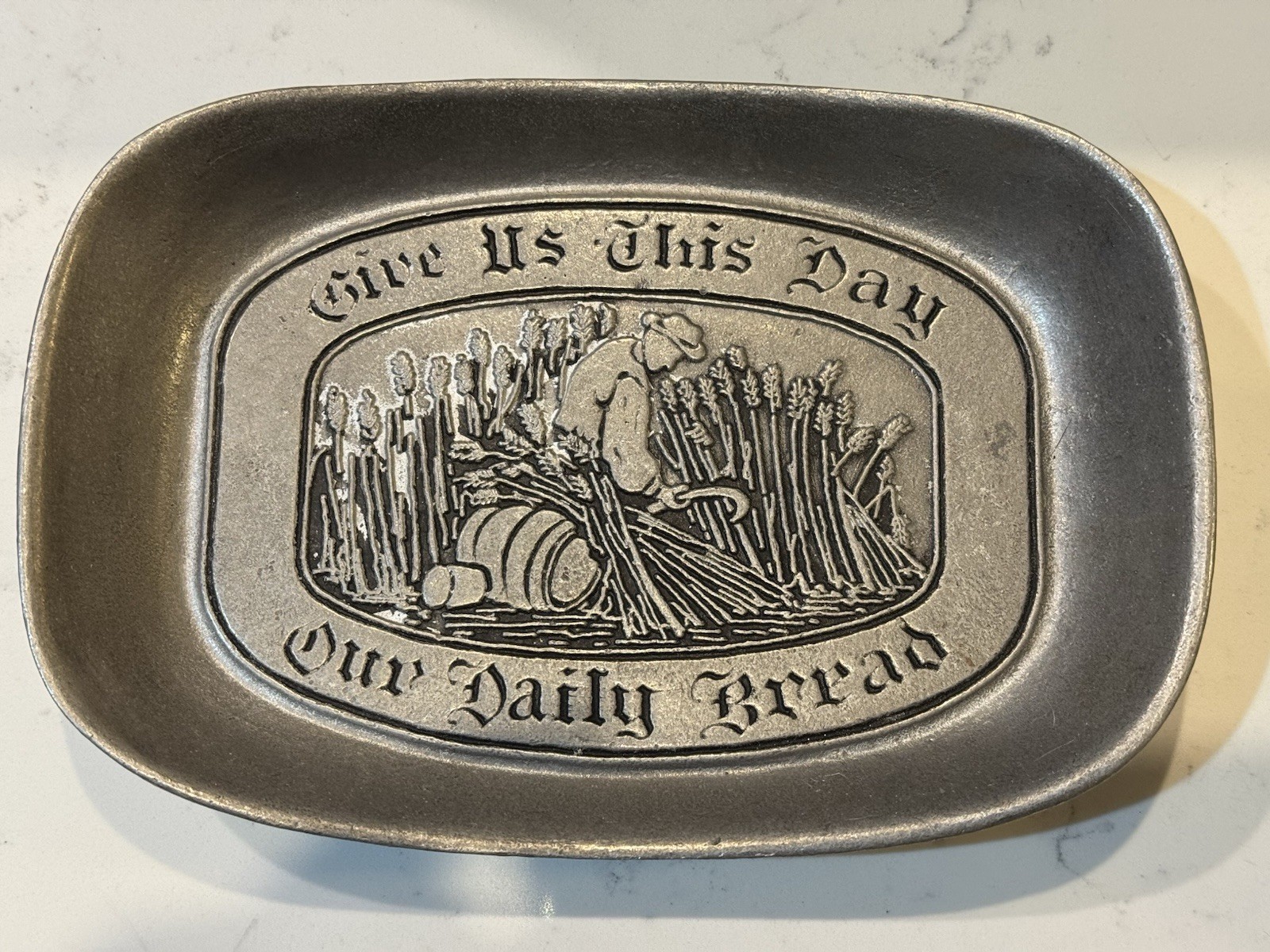 Vintage Decorative Metal Give Us This Day Our Daily Bread Offering Plate Tray
