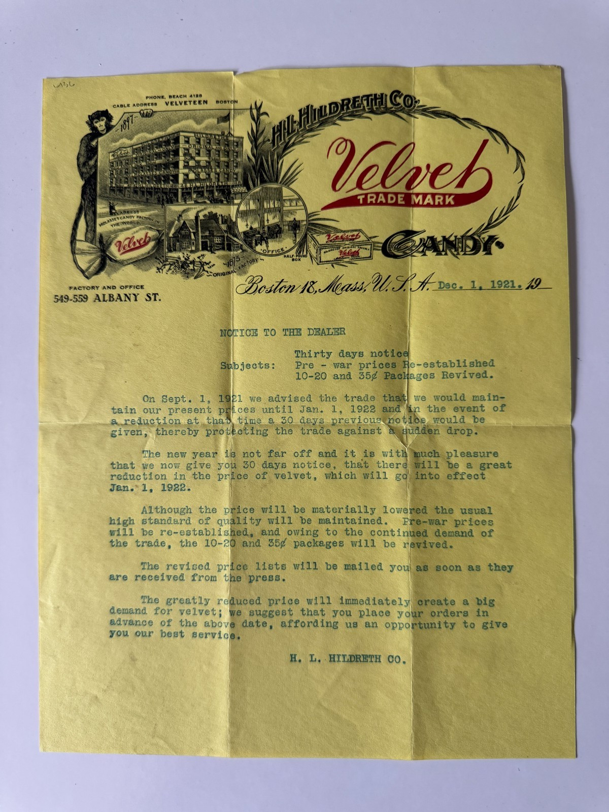 Vtg 1921 Letterhead Boston MA HL Hildreth Velvet Candy monkey building vignette