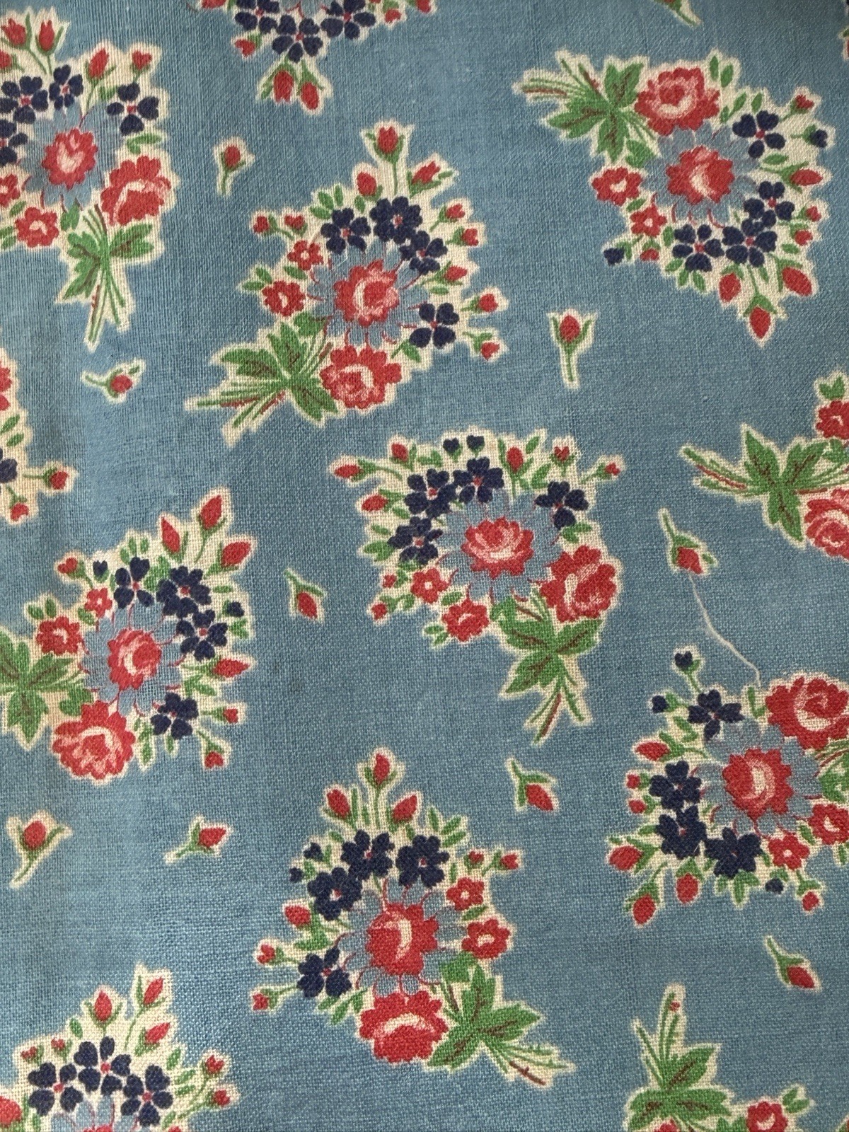 Vintage Feedsack Floral Fabric Uncut Original with Chain Stitch Red White Blue