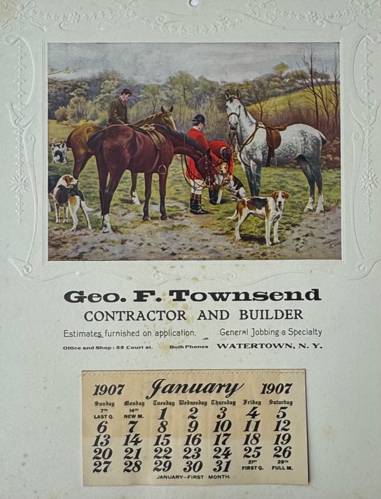 Antique 1907 FM Hollams Calendar Print Something Wrong, Watertown, NY Ad