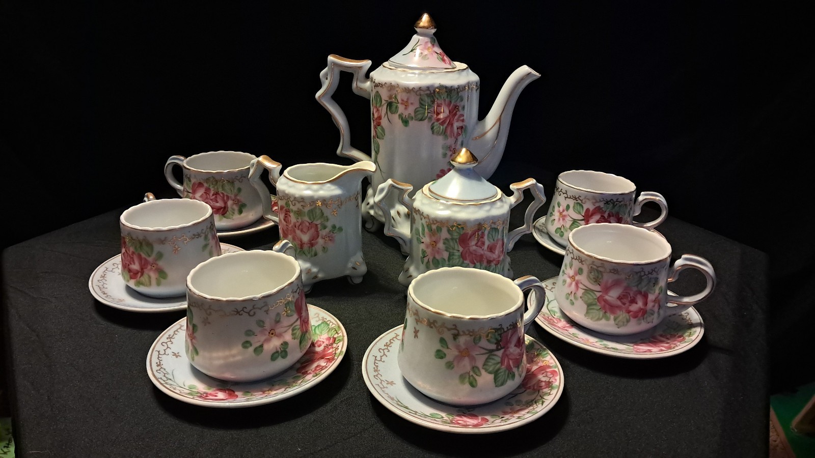 Vintage French LIMOGES 15-Piece Porcelain Chocolate & Demitasse Set - Wild Rose