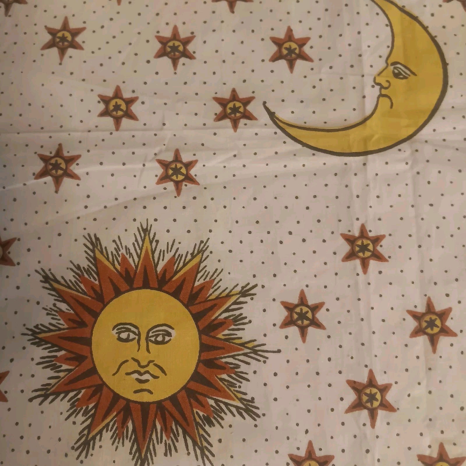 Vtg Celestial Fabric Anthropomorphic Moon Sun Stars Hand Print Fabric 35 x 30