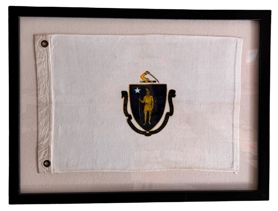 Vintage 1960s–70s Massachusetts State Flag – Framed Cotton Silk-Screened Flag – 