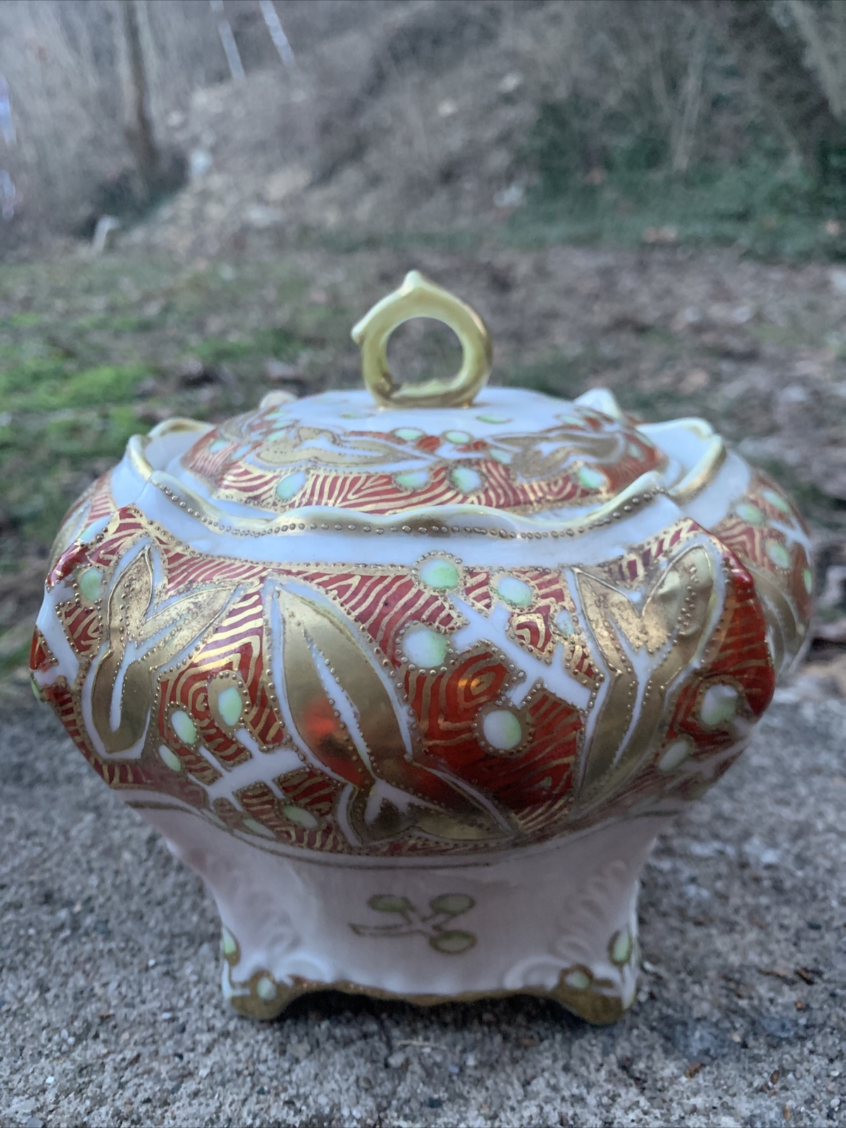 Antique Hand Painted Moriage Gilt Gold Lidded Tureen~Tea Caddy~Japan~Yoshino