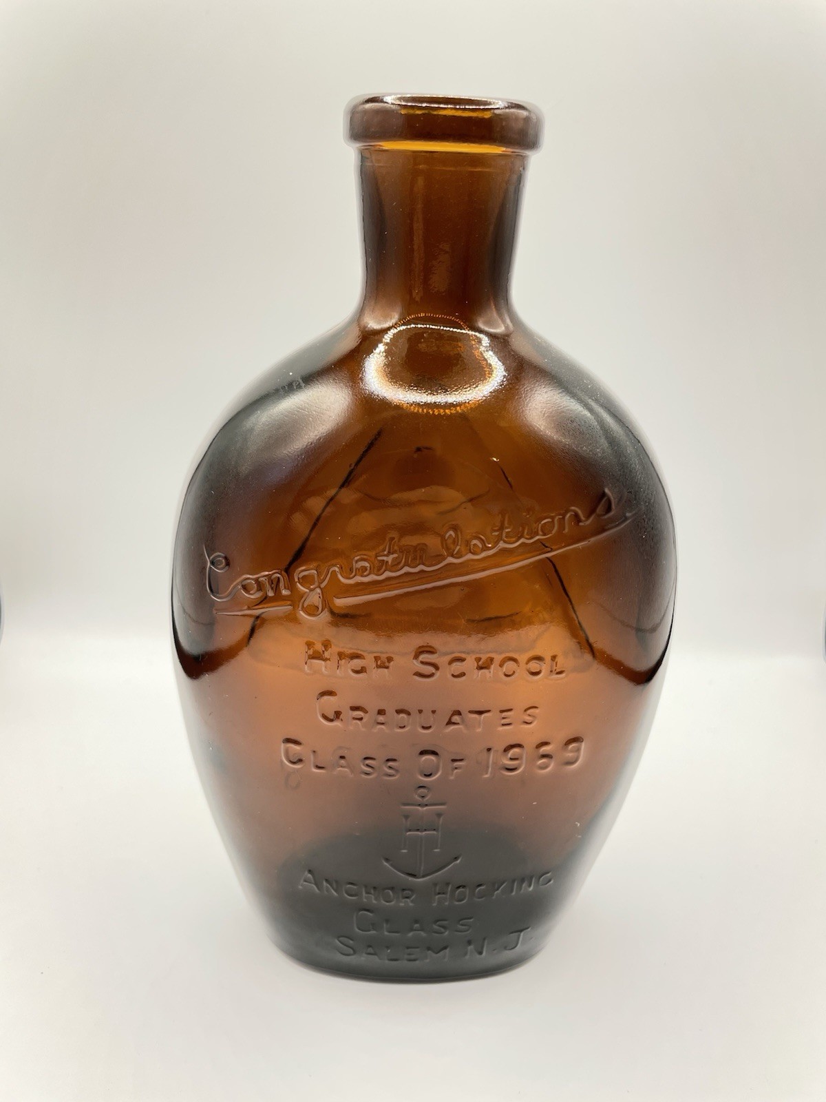 Anchor Hocking Amber Glass Bottle Class 1969 Apollo 8 Woodstown High School NJ