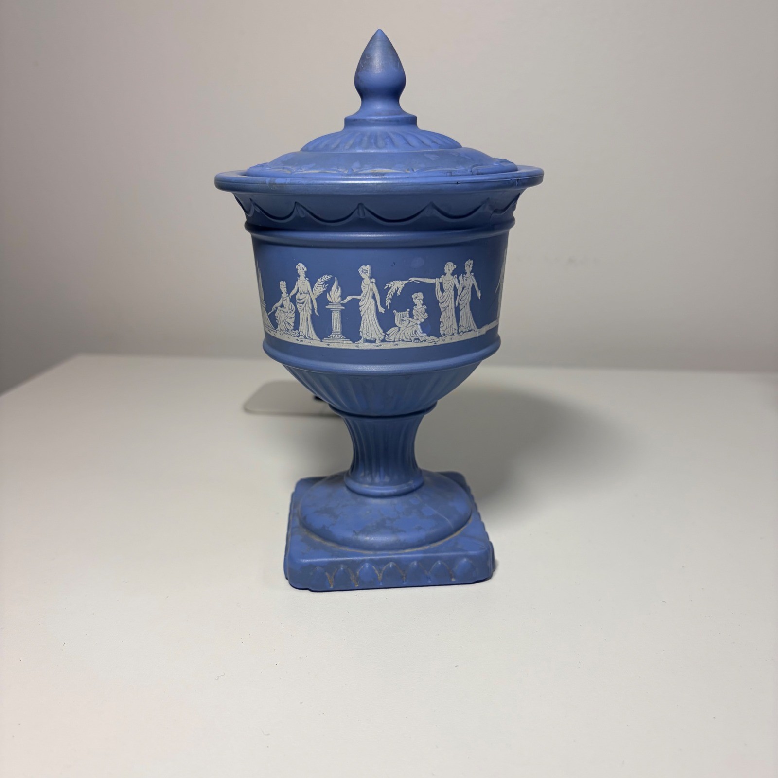 Vintage Blue Avonshire Jasperware Style Neoclassical Lidded  Candle Holder 6.5in
