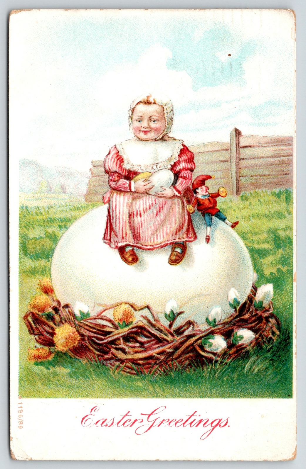 Easter Fantasy~Lil Toddler Farm Girl~iant Egg Nest~Jester Toy~Striped Pinafore