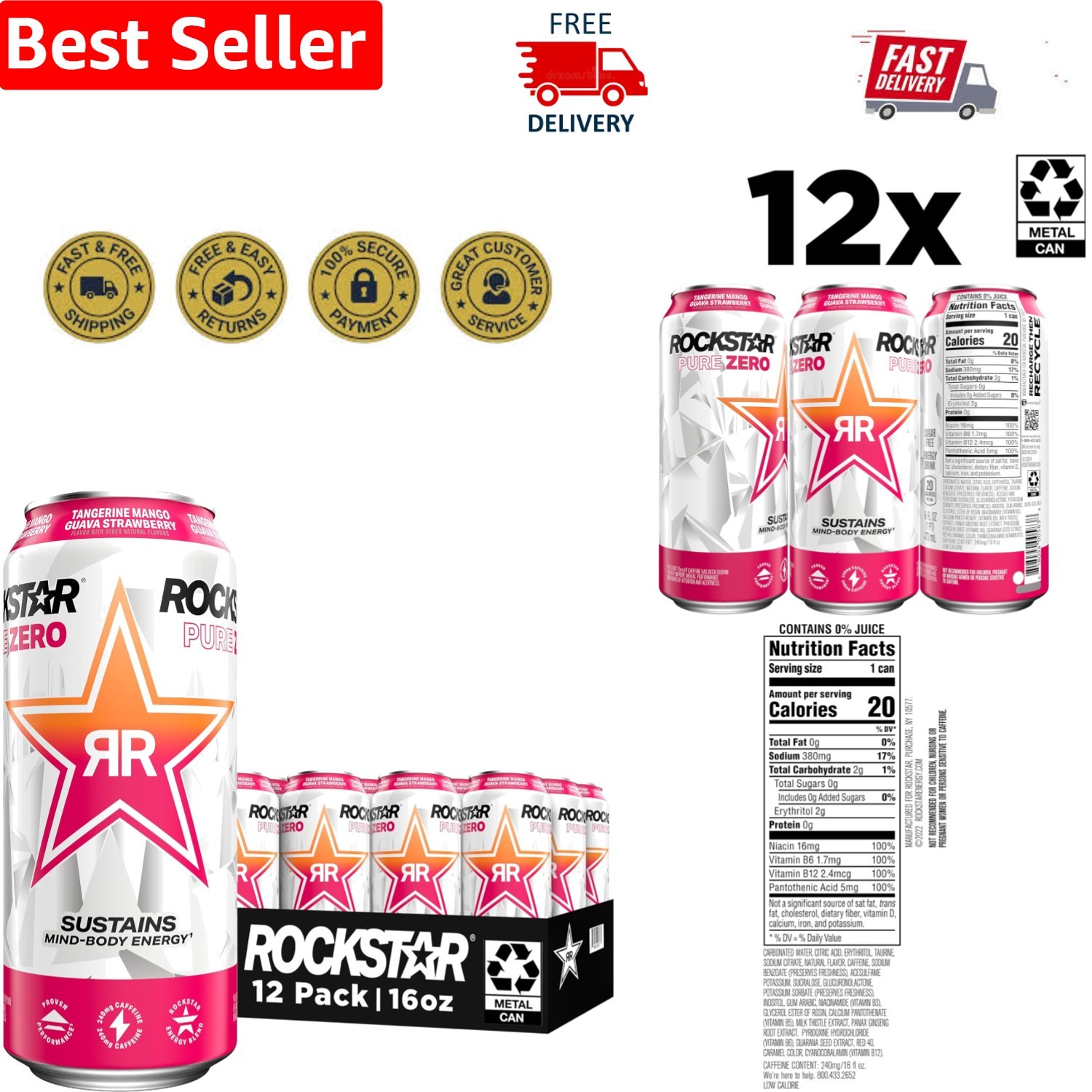 Rockstar Pure Zero Sugar Energy Drink, 12-Pack 16 Fl Oz - Bold Flavor Boost