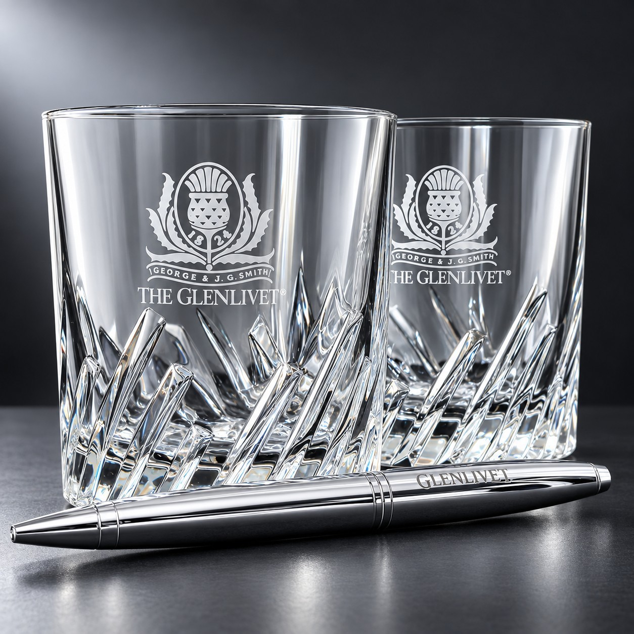 The Glenlivet 1824 Rocks Glasses 2 + Cross Calais Chrome Pen Scotch 3pc Gift Set