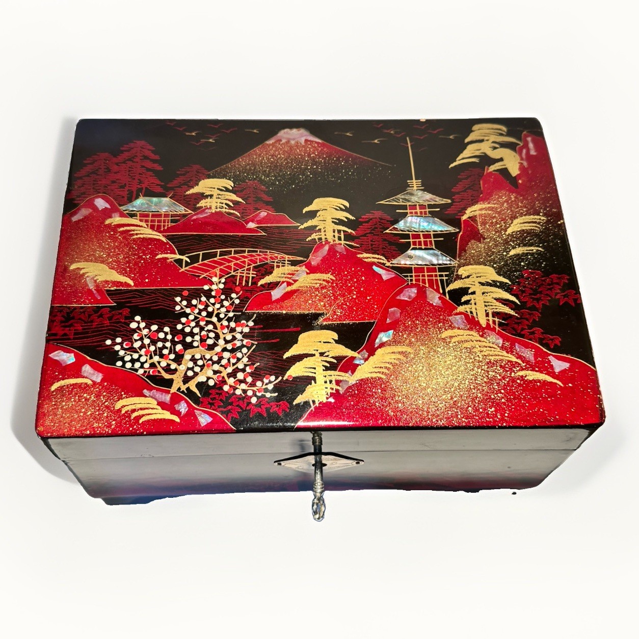 Vintage Japanese Black Red Lacquered Musical Jewelry Box Fuji Mt Mother of Pearl Vintage Japanese Black Red Lacquered Musical Jewelry Box Fuji Mt Mother of Pearl