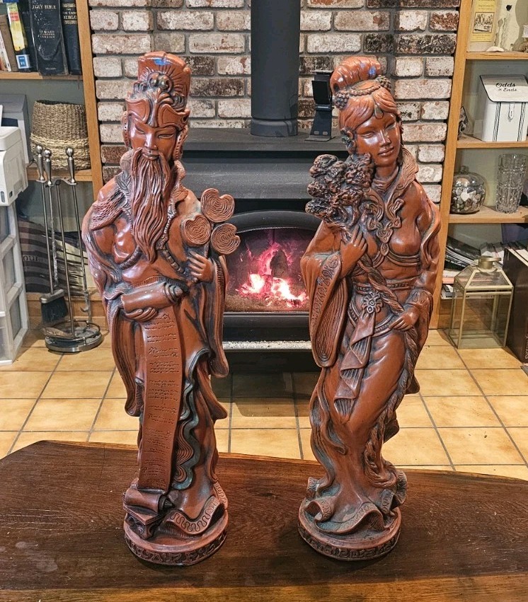 Vintage Asian Style Chinoiserie Faux Cinnabar Large Red Statues Male & Female