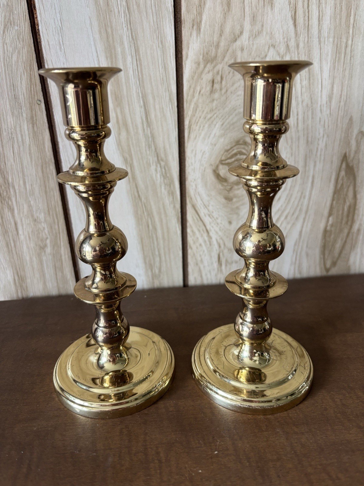 Vintage Pair Of Polished Solid Brass Candlesticks ( Baldwin Brass ??)