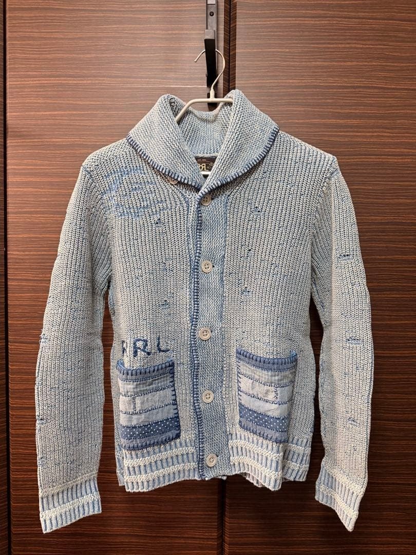 RRL Double RL Indigo Flag Patchwork Cardigan Men\'s S Ralph Lauren Vintage Used