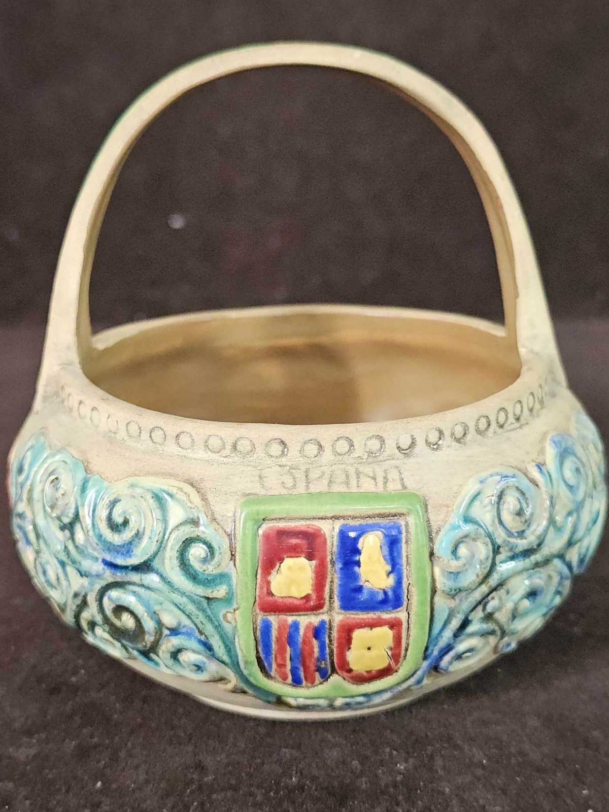 Antique Czechoslovakia Pottery Bowl W/ Handle Basket Crest Shield Souvenir