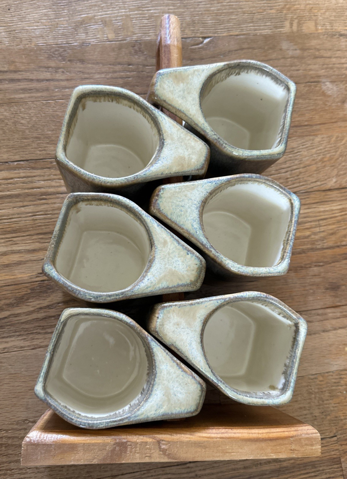 Rodolfo Padilla Drip Glazed Coffee Mugs with Wood Stand Signed Set of 6