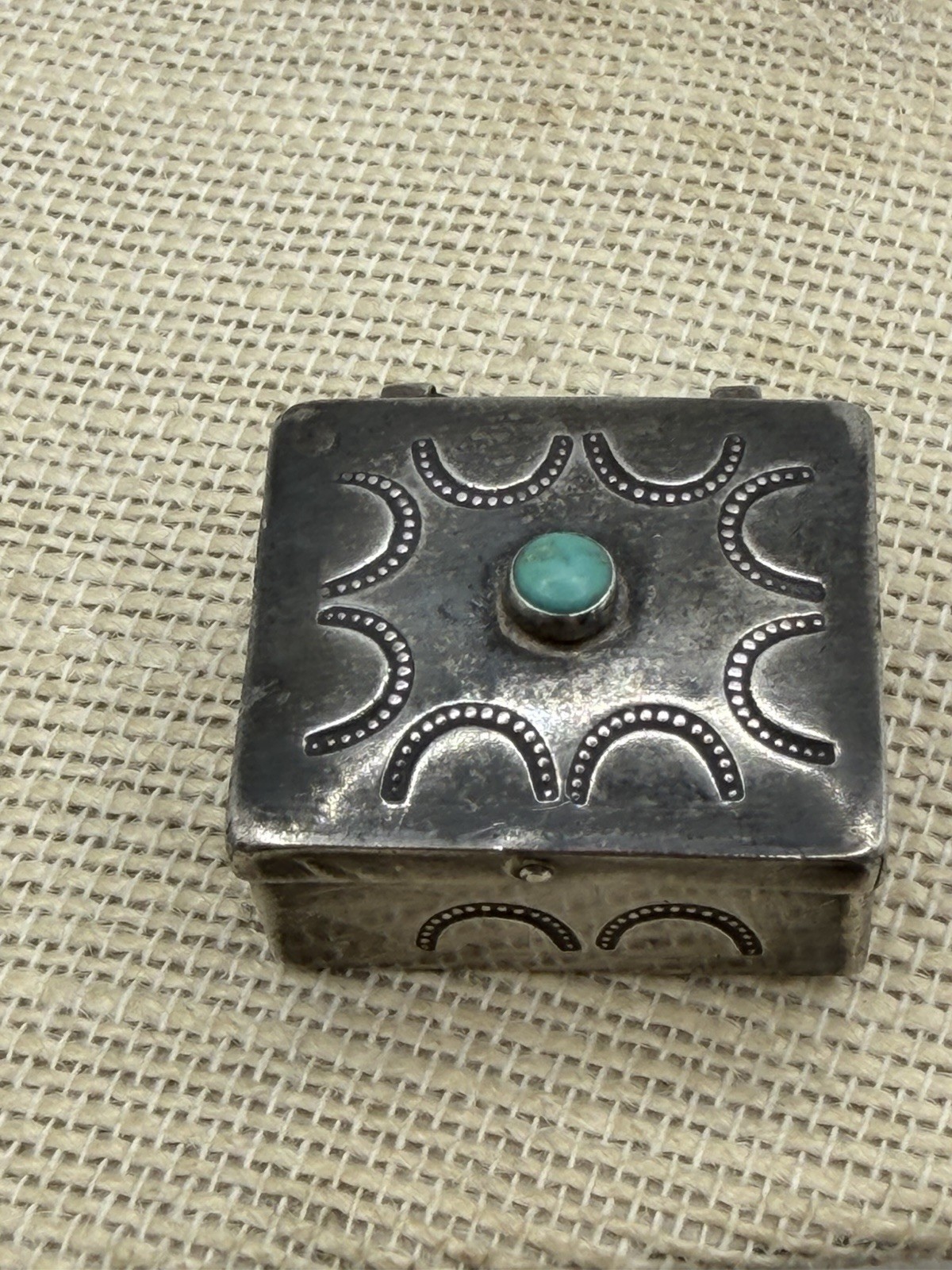 Vintage Navajo Native American Turquoise Hand Stampwork Silver Mini Box