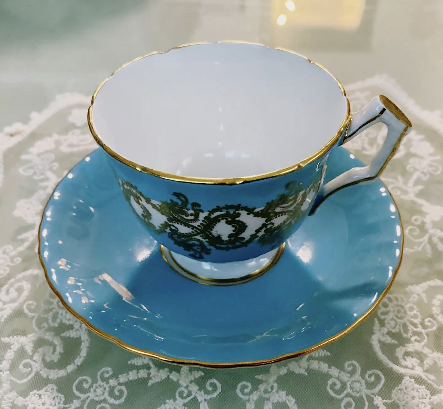John Aynsley England Vintage Bone China Turquoise & Gold Teacup & Saucer