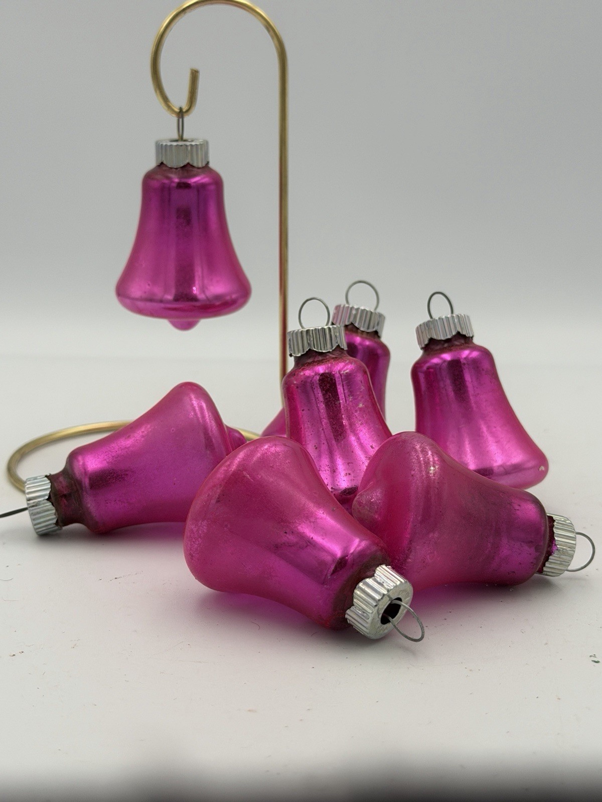 Vtg Shiny Brite Glass Bell Christmas Ornaments 2” Hot PINK Set 7