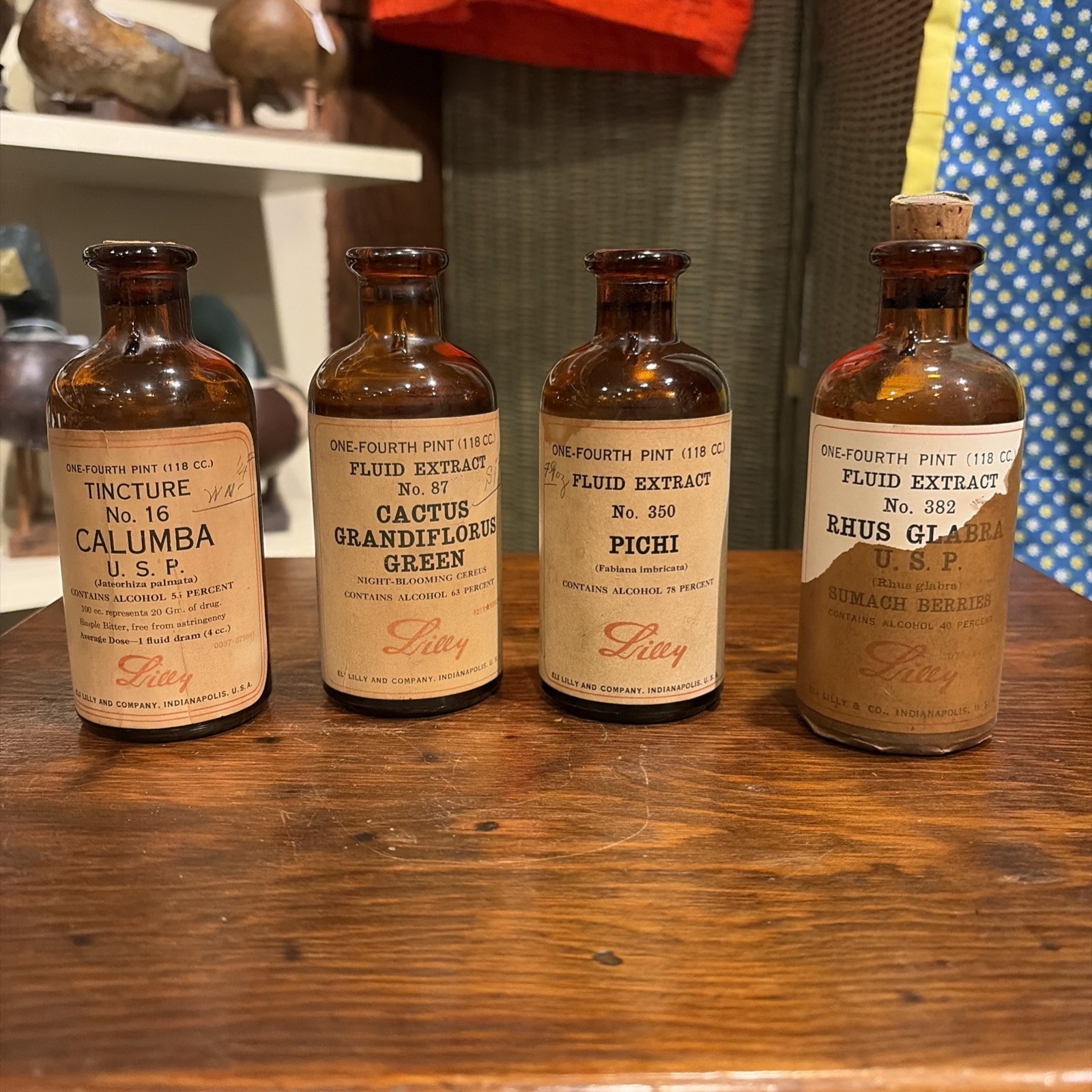 4 Vintage Cork Top Lilly Drug Fluid Extract & Tincture Paper Labels Bottle 118cc